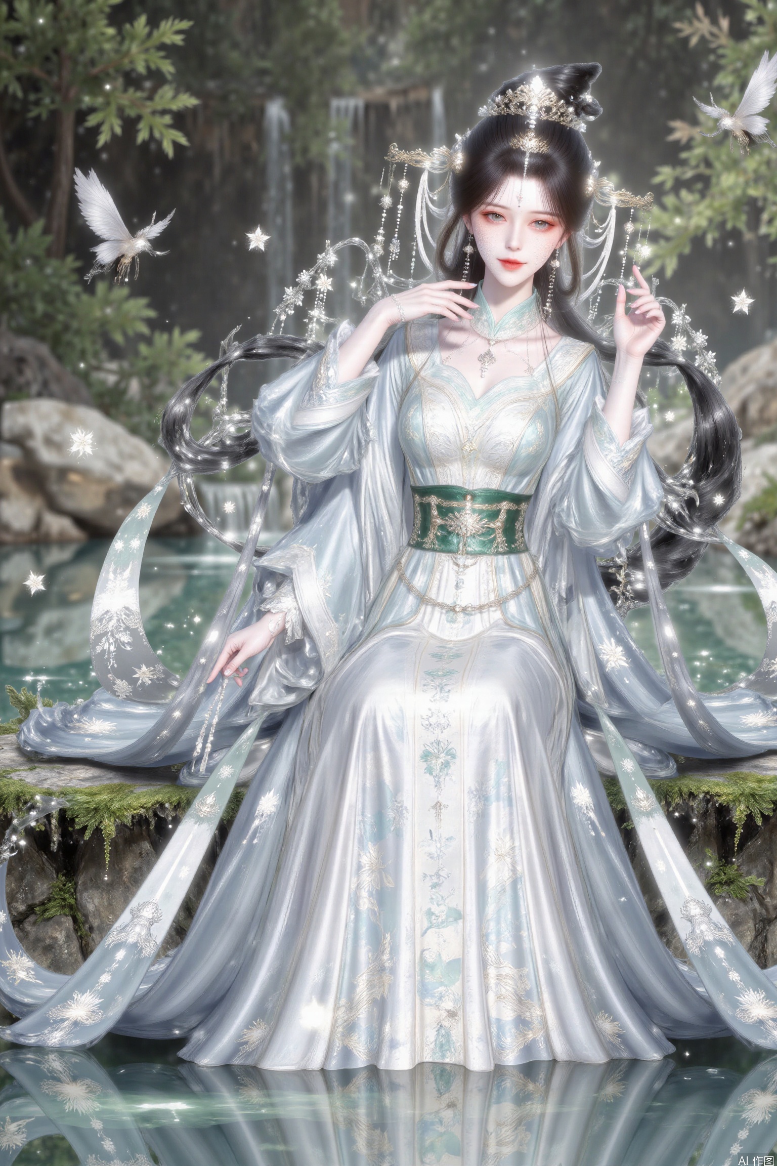 Depth of field, ultra-clear, ultra-high resolution, 8k, well-structured, masterpiece, surrealism, clear details and textures, conceptual artwork, atmosphere, clear background, film lighting technology. Yueliang back decoration
A girl, solo. Sitting on the stone in front of the waterfall. Bright colors, gradual posture, the moon decorated on the back, fairies floating around. Black hair, bangs, hair accessories. Earrings, white clothes. The clothes are embroidered with silver patterns. Long sleeves, green belt. Pale face, snow-white skin and black eyes. White high heels. Perfect body proportion, slim. Tall man. Touch your face with your left hand and put your right hand on your leg. A faint smile.
Waterfalls, rocks, maples and weeds are in the background. Fallen leaves float on the water. Moss. , new york HD, 1 girl, solo, black hair, hair accessories, long sleeves, clothing, jewelry, closed mouth, whole body, ears, bun, plain white dress, belt, facial logo, Hanfu, white dress, forehead logo, Hanfu, long hair, black hair, hair accessories, jewelry, closed mouth, braid, earrings, cosmetics.