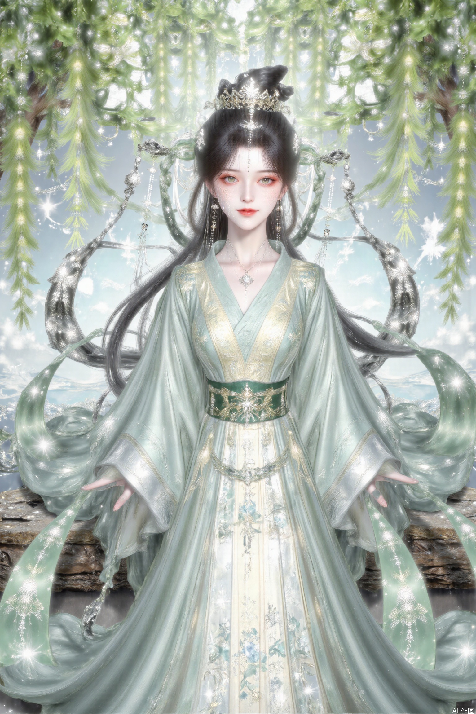Depth of field, ultra-clear, ultra-high resolution, 8k, well-structured, masterpiece, surrealism, clear details and textures, conceptual artwork, atmosphere, clear background, film lighting technology.
Solo. Bright color, gradient posture, black hair, bangs, hair accessories. Earrings, green clothes. The clothes are embroidered with silver patterns. Long sleeves, green belt. Pale face, snow-white skin and green eyes. Green high heels. Perfect body proportion, slim. Tall man. A faint smile.
Moss. In the high-definition and beautiful background of new york, a graceful beauty is sitting by the lake, and the breeze is blowing gently. Her long hair is as soft as willow branches and flutters gently in the wind. She is wearing a light long skirt, swaying like willow leaves, and outlining her long legs with elegant and charming lines.

The background is a lake full of spring, weeping willows swaying, willow branches hanging down, willow leaves swaying gently with the wind, as if dancing for her. The lake is sparkling, reflecting the clouds in the sky and the beautiful images of willows. The whole scene is full of poetry and romance.

Suddenly, a flash of lightning flashed across the distant sky and instantly lit up the whole picture. Lightning contrasts sharply with the soft background, as if adding a little mystery and strength to the beautiful scenery. Her eyes stared at the distance, her expression was calm, as if she were integrated with the world, soft and powerful.

The whole picture combines soft willow leaves, willow branches and shocking lightning, showing the harmonious coexistence between nature and people, with both beautiful artistic conception and subtle dramatic tension. 1 girl, solo, black hair, hair accessories, long sleeves, clothing, accessories, closed mouth, whole body, earrings, bun, yellow skirt, belt, facial logo, Hanfu, cyan dress, forehead logo, Hanfu, long hair, black hair, hair accessories, accessories, closed mouth, braids, earrings, cosmetics, forehead. Yueliang back decoration