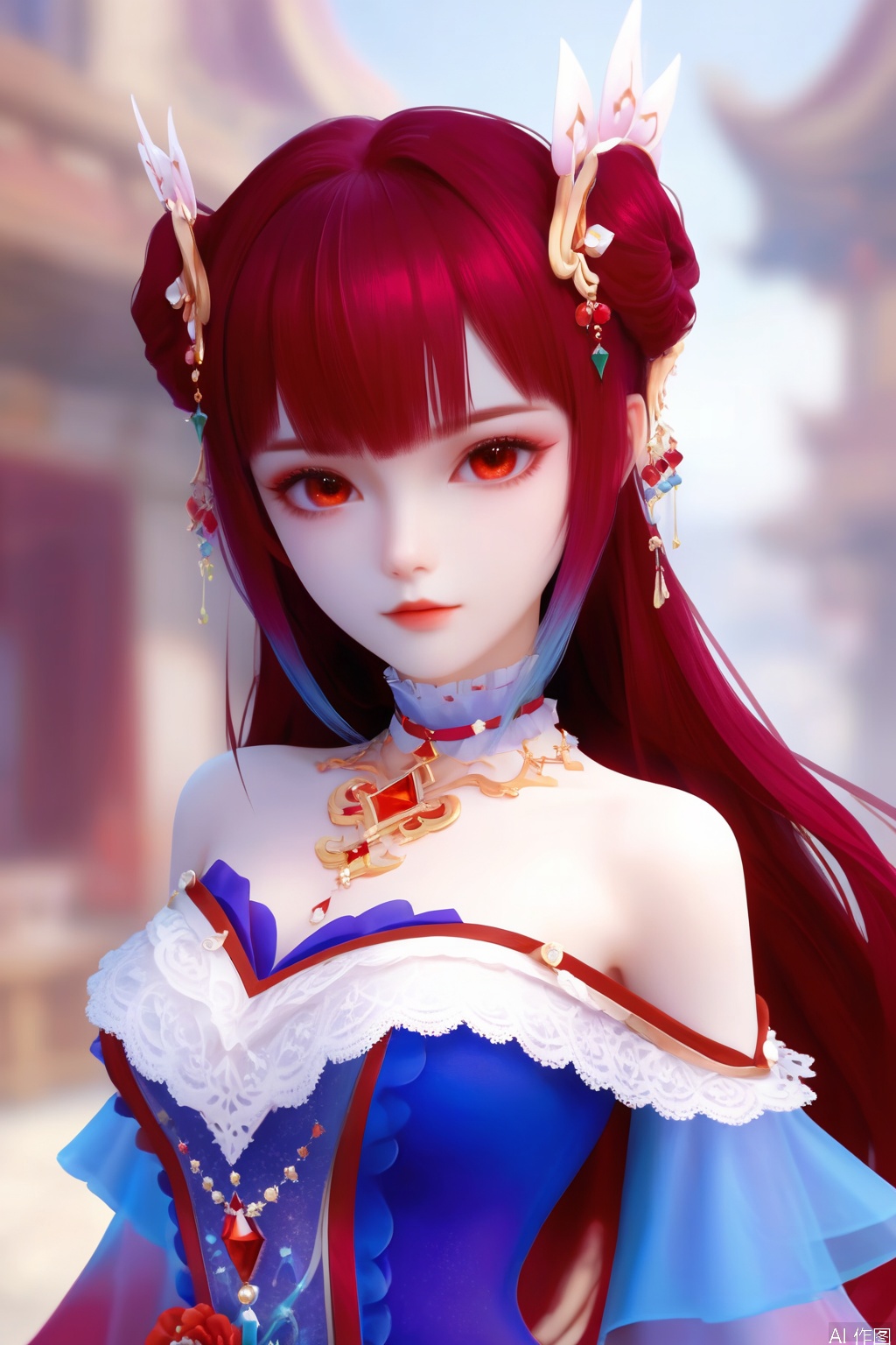 score_9,score_8_up,score_7_up,1girl,solo,long hair,looking at viewer,bangs,brown hair,red hair,hair bun,hair ornament,red eyes,dress,bare shoulders,jewelry,purple hair,choker,gloves,blurry background,simple background,white skin,hand on own chest,