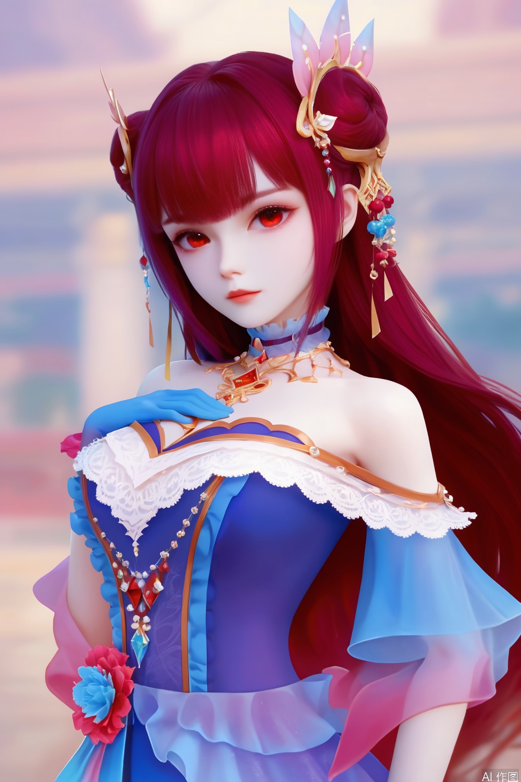 score_9,score_8_up,score_7_up,1girl,solo,long hair,looking at viewer,bangs,brown hair,red hair,hair bun,hair ornament,red eyes,dress,bare shoulders,jewelry,purple hair,choker,gloves,blurry background,simple background,white skin,hand on own chest,