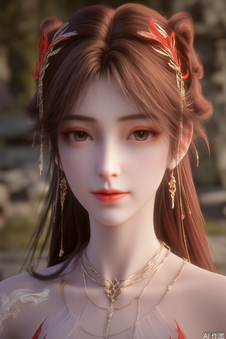 1girl

solo

long hair

brown hair

hair ornament

dress

brown eyes

closed mouth

upper body

earrings

necklace

blurry background

There is a golden phoenix pattern on the shoulder

huolinger

hle