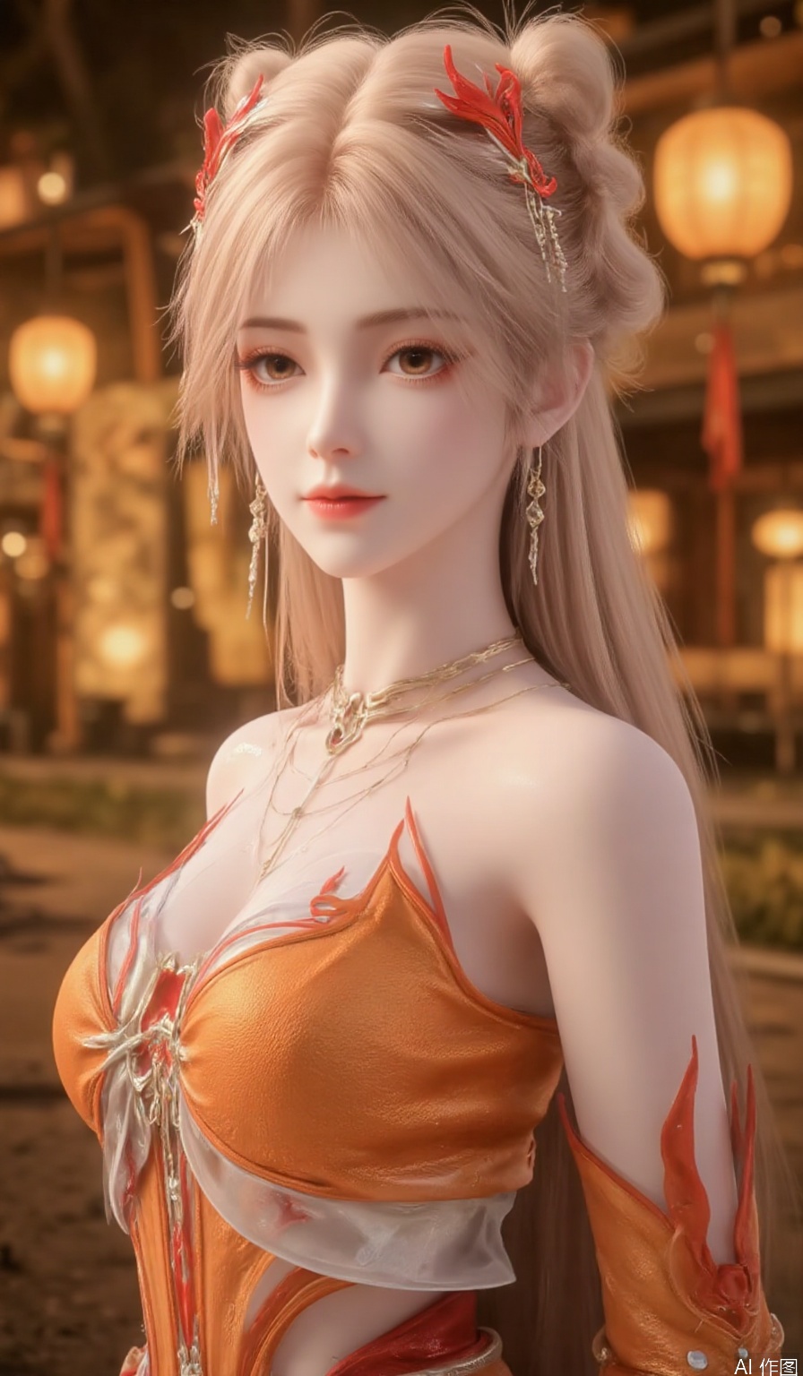 YY Anime style, This is a highly detailed digital illustration of a young woman with an anime style, depicted in a fantasy setting. The woman has pale skin, large, almond-shaped amber eyes with a slight glint, and a delicate, heart-shaped face. Her hair is a striking, voluminous blonde, styled in an updo with two large, red hair clips. She wears a traditional, off-the-shoulder kimono with intricate, flowing fabric in shades of orange and white, accentuated by a red choker around her neck. A small, stylized red and white flower is tattooed on her upper left shoulder. The background features a night scene with a traditional Japanese lantern-lit street, giving a warm, golden glow to the scene. The lanterns create a mesmerizing, bokeh-like effect, adding depth and a dreamlike quality to the image. The overall color palette is rich and vibrant, with warm tones dominating the scene, contrasting with the cool tones of her skin and hair. The illustration is highly detailed, showcasing the artist's mastery in digital art, with a focus on realism and intricate textures. The image exudes a sense of ethereal beauty and mystery