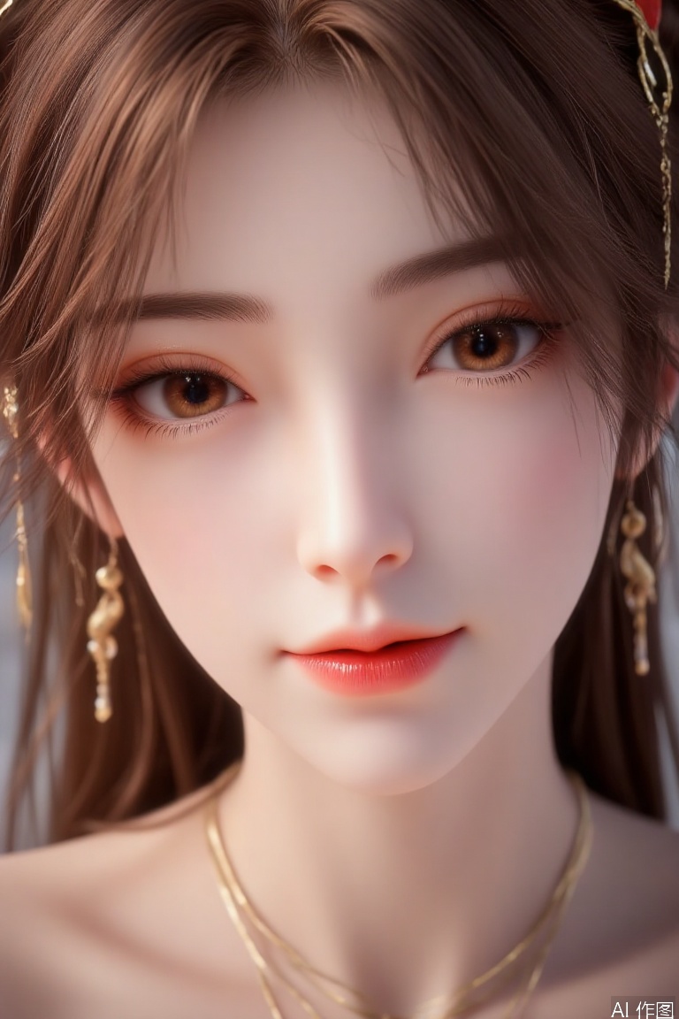 1girl
solo
long hair 
brown hair 
bare shoulders 
brown eyes
closed mouth
earrings 
lips
eyelashes 
makeup 
lipstick 
portrait 
close-up
red lips,hle,huolinger