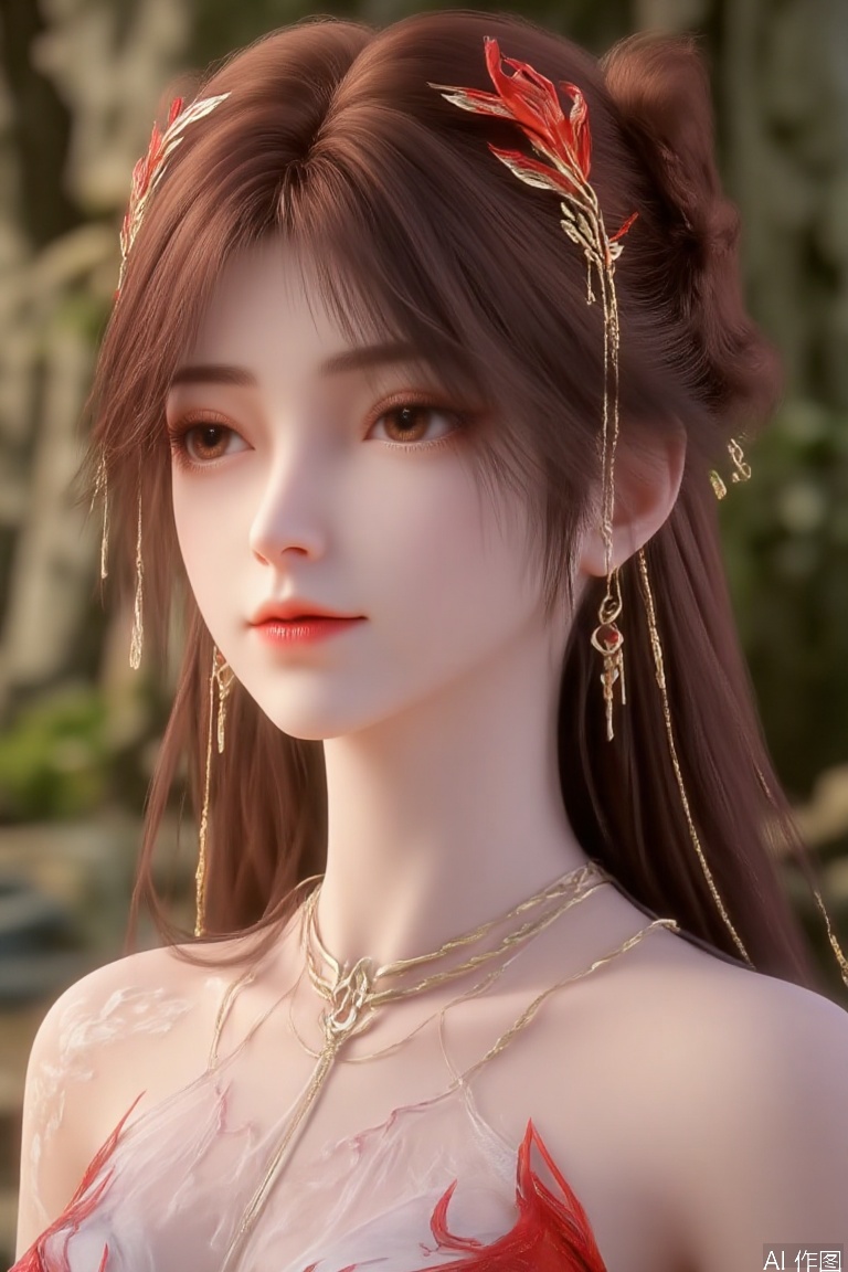 1girl

solo

long hair

brown hair

hair ornament

dress

brown eyes

closed mouth

upper body

earrings

necklace

blurry background

There is a golden phoenix pattern on the shoulder

huolinger

hle