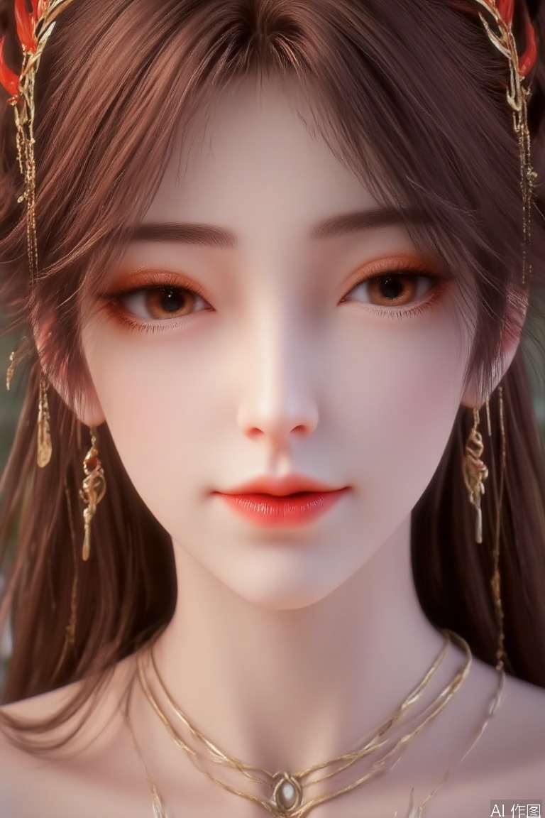 1girl
solo
long hair 
brown hair 
bare shoulders 
brown eyes
closed mouth
earrings 
lips
eyelashes 
makeup 
lipstick 
portrait 
close-up
red lips,hle,huolinger