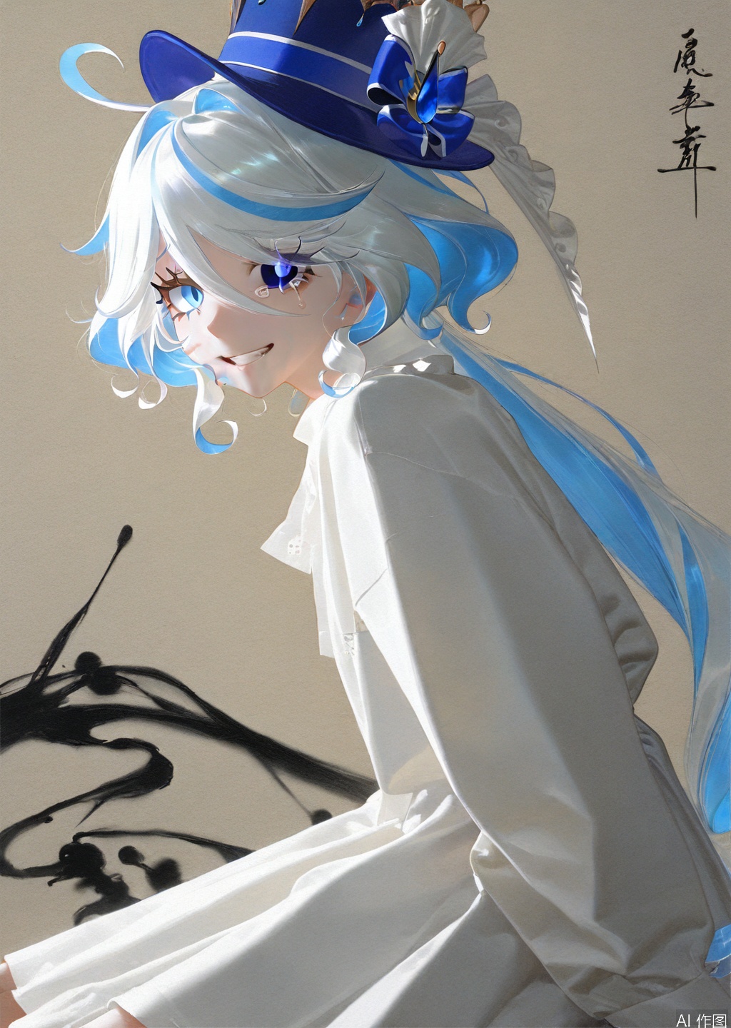  ((masterpiece,best quality)), ink-painting,highres, 1girl, furina, heterochromia, blue hat, tears in eyes, smile, long sleeves, looking back,