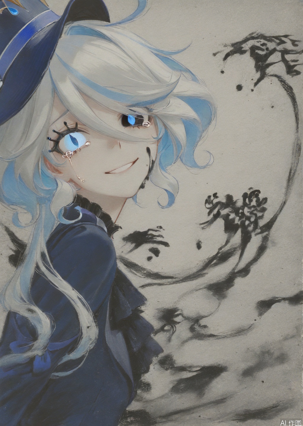  ((masterpiece,best quality)), ink-painting,highres, 1girl, furina, heterochromia, blue hat, tears in eyes, smile, long sleeves, looking back,
