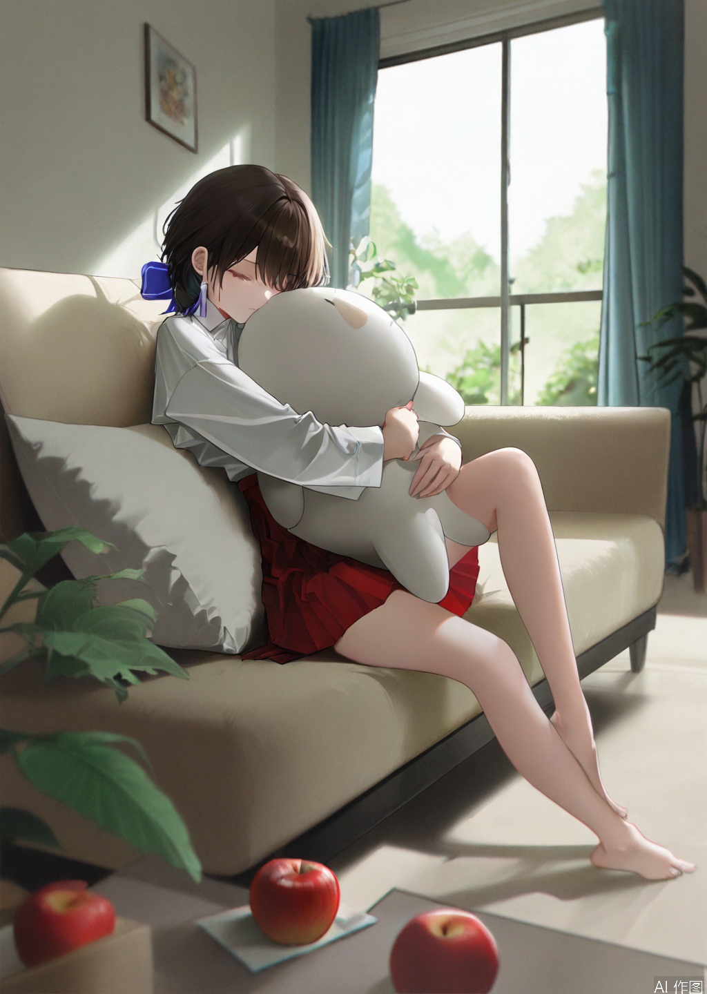 artist:tab_head,[artist:omone_hokoma_agm],[artist:fuzichoco],artist:misheng_liu_yin,[artist:mignon],{{artist:liduk}},{artist:konya_karasue},{{{artist:rolua}}},[[[[artist:freng]]]],[[artist:tianliang_duohe_fangdongye]],{artist:omone_hokoma_agm},year 2023,masterpiece,facing the lens,best quality,very aesthetic,extremely delicate and beautiful,huge filesize,amazing quality,32K UHD
1girl, solo, short hair, bangs, skirt, brown hair, shirt, black hair, long sleeves, sitting, closed eyes, white shirt, pleated skirt, food, barefoot, day, indoors, feet, legs, bare legs, window, hug, fruit, red skirt, stuffed toy, sunlight, stuffed animal, plant, curtains, couch, bowl, object hug, apple, potted plant, on couch, television, picture frame