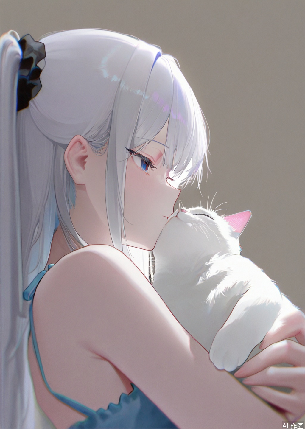 artist:tab_head,[artist:omone_hokoma_agm],[artist:fuzichoco],artist:misheng_liu_yin,[artist:mignon],{{artist:liduk}},{artist:konya_karasue},{{{artist:rolua}}},[[[[artist:freng]]]],[[artist:tianliang_duohe_fangdongye]],{artist:omone_hokoma_agm},year 2023,masterpiece,facing the lens,best quality,very aesthetic,extremely delicate and beautiful,huge filesize,amazing quality,32K UHD,shadow
1girl, solo, long hair, blush, bangs, blue eyes, simple background, white background, holding, upper body, white hair, from side, animal, cat, scrunchie, hair scrunchie, holding animal, white cat