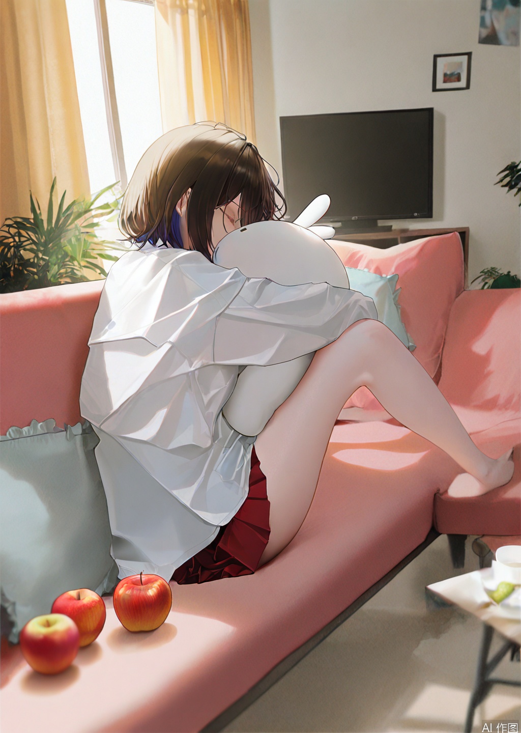 artist:tab_head,[artist:omone_hokoma_agm],[artist:fuzichoco],artist:misheng_liu_yin,[artist:mignon],{{artist:liduk}},{artist:konya_karasue},{{{artist:rolua}}},[[[[artist:freng]]]],[[artist:tianliang_duohe_fangdongye]],{artist:omone_hokoma_agm},year 2023,masterpiece,facing the lens,best quality,very aesthetic,extremely delicate and beautiful,huge filesize,amazing quality,32K UHD
1girl, solo, short hair, bangs, skirt, brown hair, shirt, black hair, long sleeves, sitting, closed eyes, white shirt, pleated skirt, food, barefoot, day, indoors, feet, legs, bare legs, window, hug, fruit, red skirt, stuffed toy, sunlight, stuffed animal, plant, curtains, couch, bowl, object hug, apple, potted plant, on couch, television, picture frame