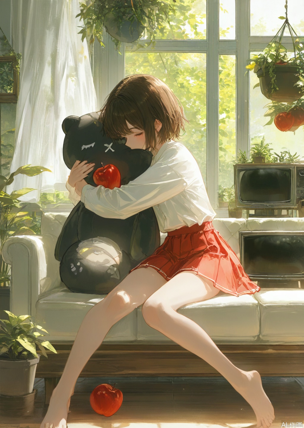 1girl, solo, short hair, bangs, skirt, brown hair, shirt, black hair, long sleeves, sitting, closed eyes, white shirt, pleated skirt, food, barefoot, day, indoors, feet, legs, bare legs, window, hug, fruit, red skirt, stuffed toy, sunlight, stuffed animal, plant, curtains, couch, bowl, object hug, apple, potted plant, on couch, television, picture frame