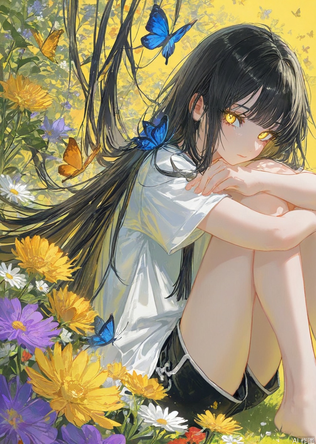 1girl, solo, long hair, looking at viewer, bangs, shirt, black hair, holding, sitting, closed mouth, yellow eyes, white shirt, flower, short sleeves, shorts, barefoot, short shorts, bare legs, feet out of frame, black shorts, crossed arms, bug, white flower, red flower, butterfly, yellow background, knees up, pink flower, yellow flower, purple flower, holding flower, blue butterfly, daisy
