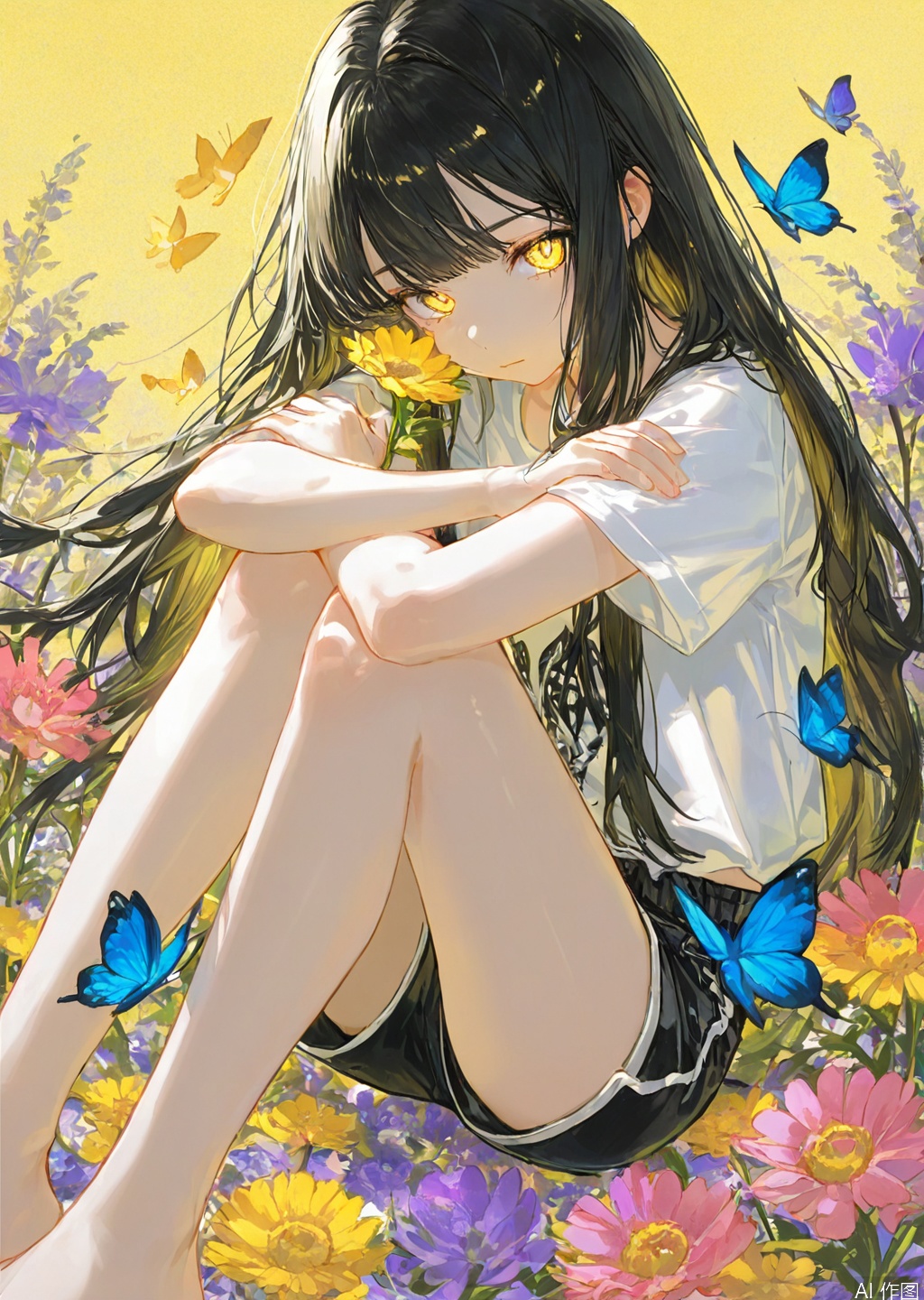1girl, solo, long hair, looking at viewer, bangs, shirt, black hair, holding, sitting, closed mouth, yellow eyes, white shirt, flower, short sleeves, shorts, barefoot, short shorts, bare legs, feet out of frame, black shorts, crossed arms, bug, white flower, red flower, butterfly, yellow background, knees up, pink flower, yellow flower, purple flower, holding flower, blue butterfly, daisy