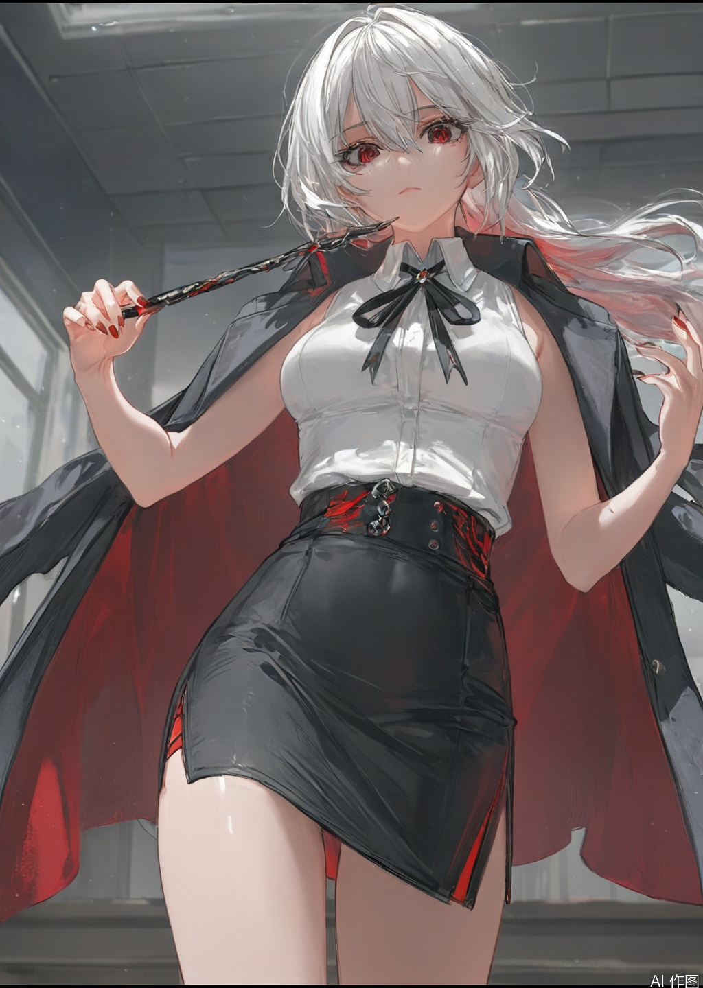 1girl, solo, long hair, breasts, looking at viewer, bangs, skirt, shirt, red eyes, holding, hair between eyes, medium breasts, closed mouth, standing, jacket, white shirt, white hair, sleeveless, collared shirt, indoors, black skirt, nail polish, black jacket, sleeveless shirt, letterboxed, red nails, pencil skirt, jacket on shoulders, shirt tucked in, coat on shoulders