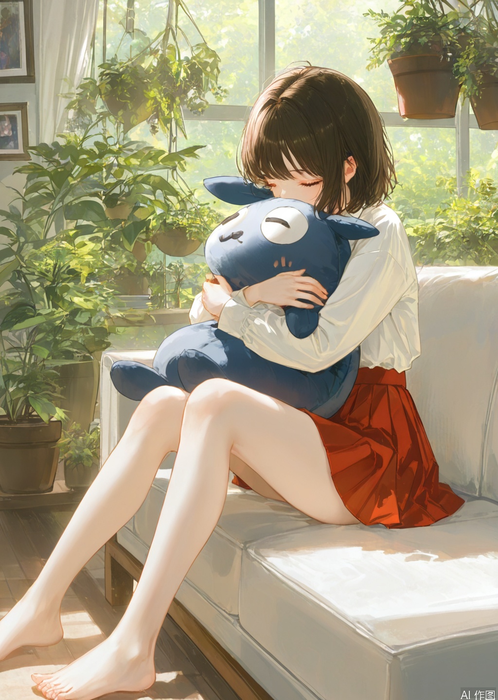 1girl, solo, short hair, bangs, skirt, brown hair, shirt, black hair, long sleeves, sitting, closed eyes, white shirt, pleated skirt, food, barefoot, day, indoors, feet, legs, bare legs, window, hug, fruit, red skirt, stuffed toy, sunlight, stuffed animal, plant, curtains, couch, bowl, object hug, apple, potted plant, on couch, television, picture frame