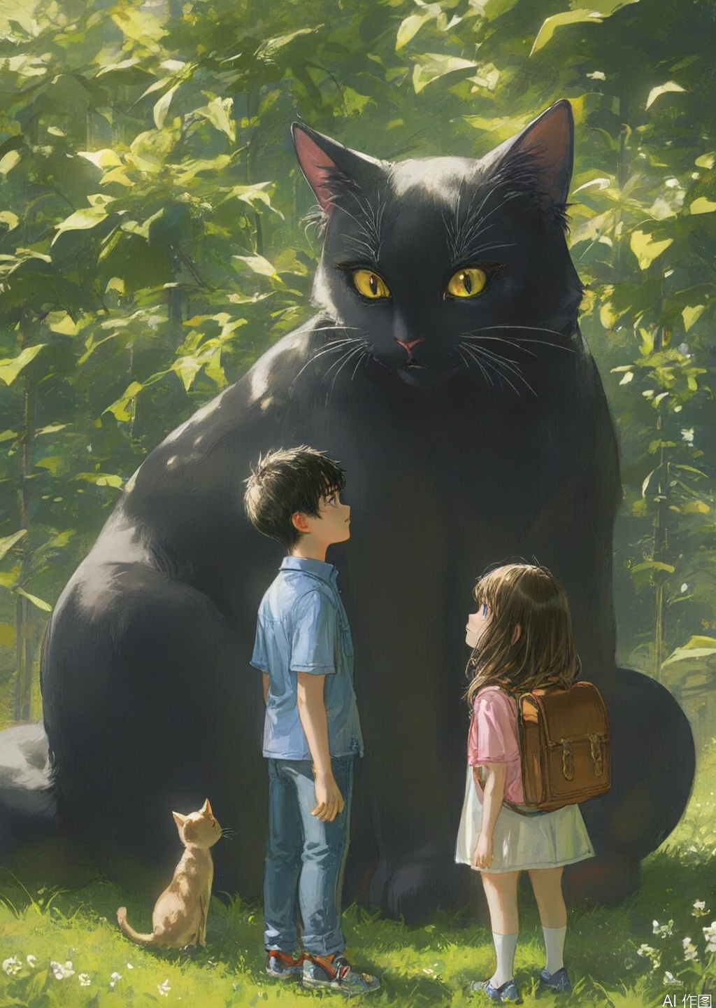 zyx01, whiskers, cat, 1boy, animal, 1girl, standing, looking up, oversized animal, size difference, short hair, looking at another, child, pants
