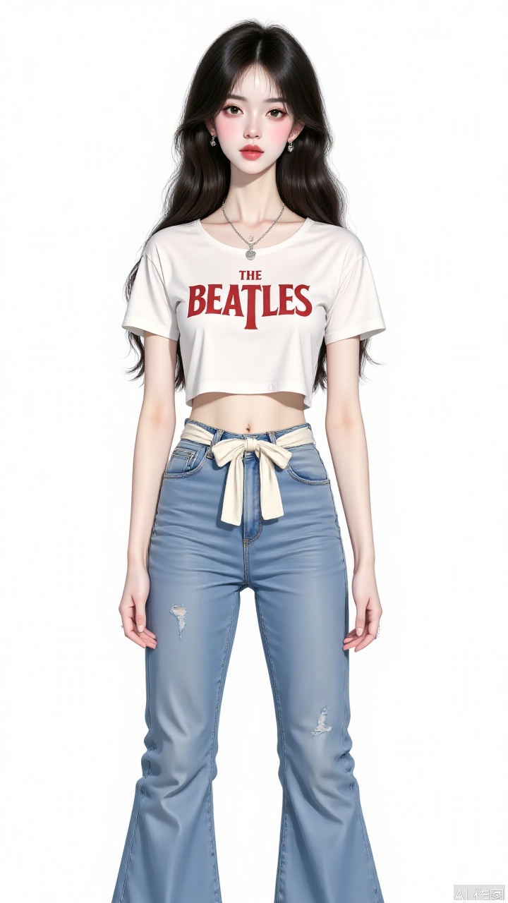 (fully body:1.4),masterpiece,best quality,high detail,(gigantic_breasts:1.6), This picture is a stylized illustration depicting a long haired woman wearing black earrings and a white off shoulder t-shirt. The pattern design of this T-shirt features the red word BEATLES. This person is also wearing a pair of blue multi pocket jeans tied around the waist with a white ribbon, with worn pockets and edges. The silhouette of the pants is trumpet shaped, with a simple and modern illustration style that emphasizes fashion and style.