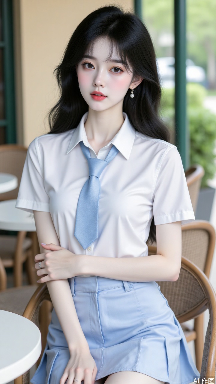 (masterpiece, top quality, best quality, High Detail, vibrant colors,beautiful and aesthetic,32k,sharp focus,good hands, nice hands:1.2), 1girl, solo,light makeup, light pink eye shadow, light blue contact lenses, wearing jk uniform, white half-sleeved shirt, light blue checkered tie, light blue checkered Pleated skirt, silk pantyhose, exquisite high heels, sitting in an outdoor cafe in the afternoon, natural light effect, professional composition