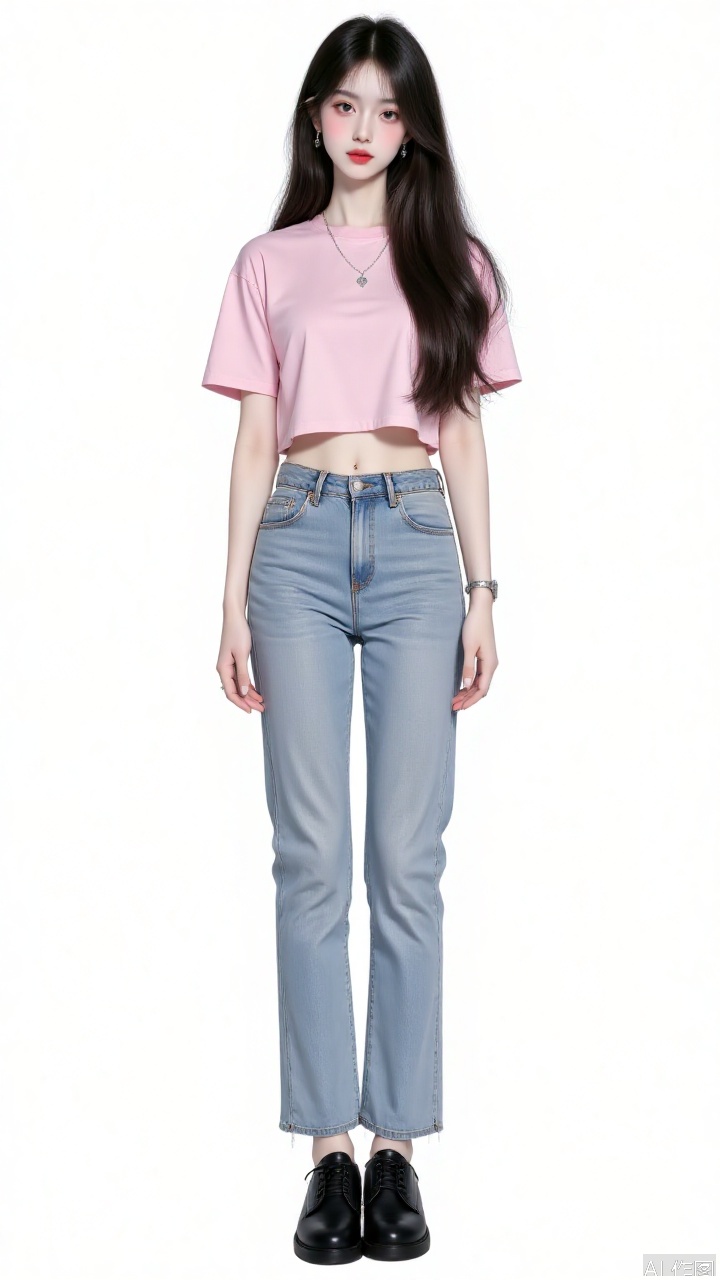 1 girl, long hair, pink t-shirt, jeans, black leather shoes