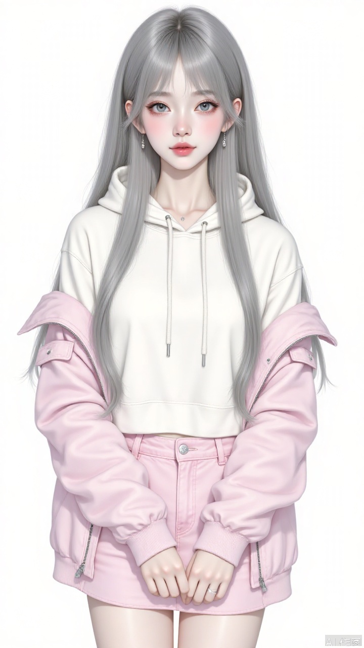 This illustration depicts a young female character with long gray-black hair, a slightly messy hairstyle with a hint of unruly fashion. She was wearing a white hoodie and a light pink jacket on the outside, and the overall style was casual and fashionable. The overall tone is soft, giving people a warm and comfortable feeling.