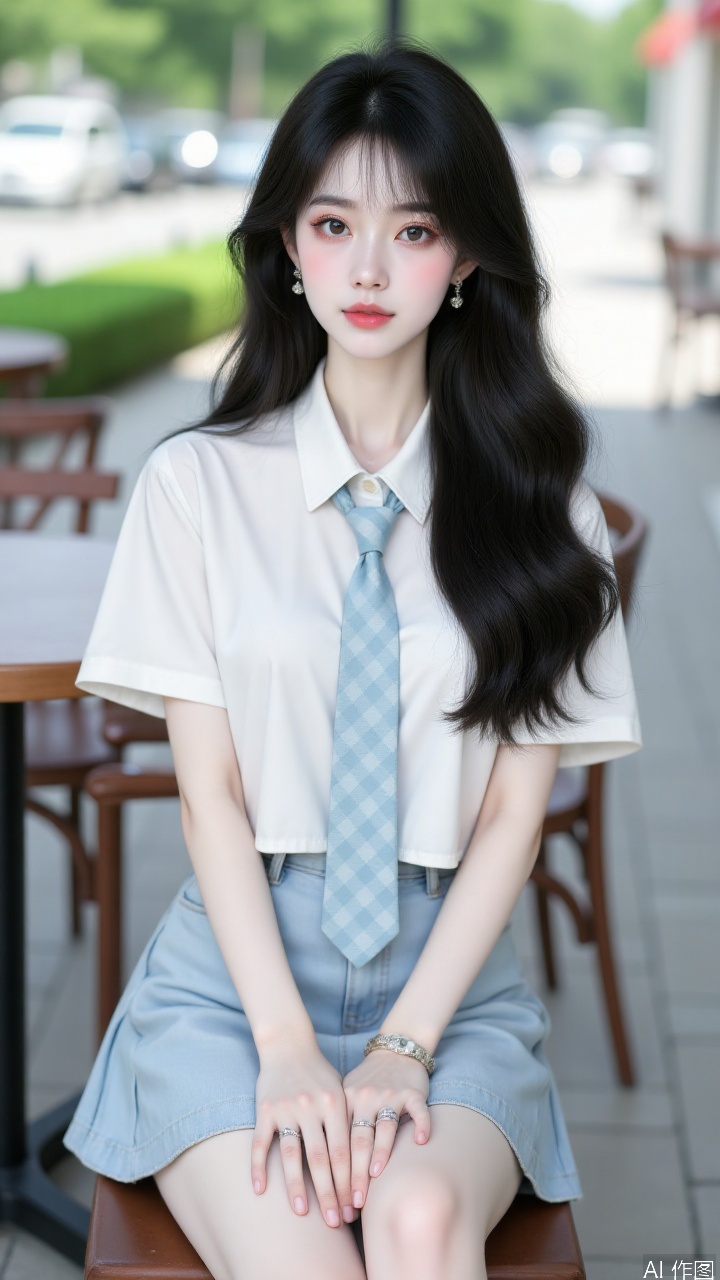 (masterpiece, top quality, best quality, High Detail, vibrant colors,beautiful and aesthetic,32k,sharp focus,good hands, nice hands:1.2), 1girl, solo,light makeup, light pink eye shadow, light blue contact lenses, wearing jk uniform, white half-sleeved shirt, light blue checkered tie, light blue checkered Pleated skirt, silk pantyhose, exquisite high heels, sitting in an outdoor cafe in the afternoon, natural light effect, professional composition