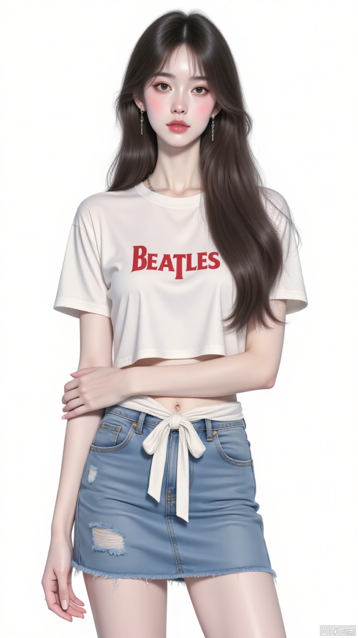 (fully body:1.4),masterpiece,best quality,high detail,(gigantic_breasts:1.6), This picture is a stylized illustration depicting a long haired woman wearing black earrings and a white off shoulder t-shirt. The pattern design of this T-shirt features the red word BEATLES. This person is also wearing a pair of blue multi pocket jeans tied around the waist with a white ribbon, with worn pockets and edges. The silhouette of the pants is trumpet shaped, with a simple and modern illustration style that emphasizes fashion and style.