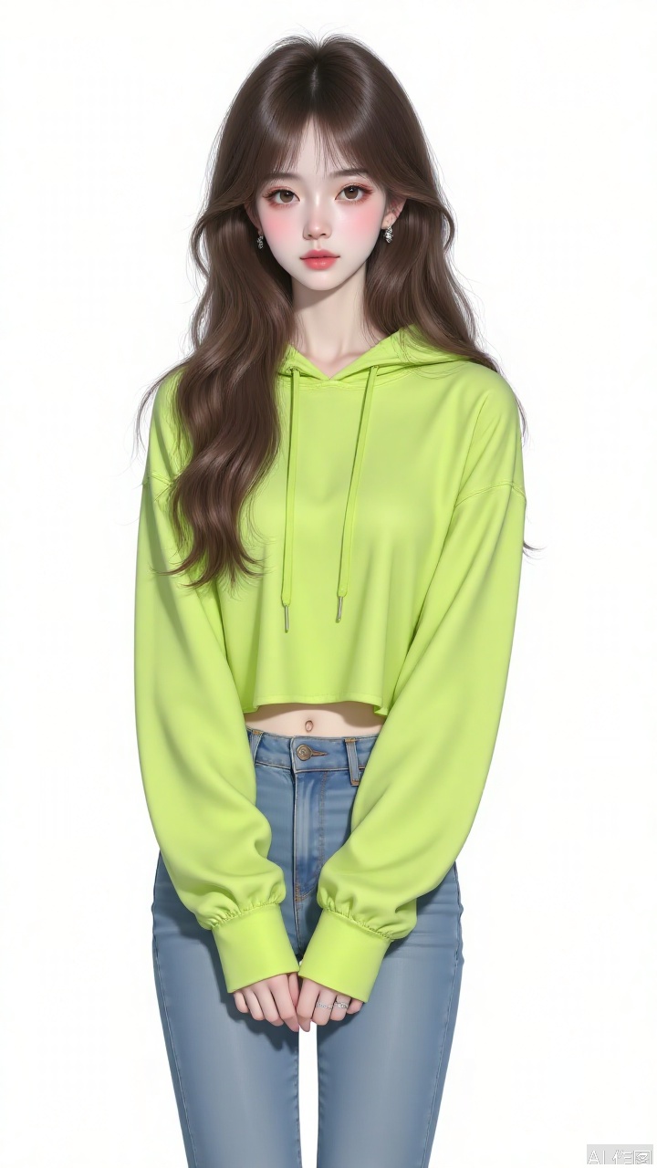 This illustration depicts a young female character with long brown hair and a slightly messy hairstyle that reveals a hint of unruly in her fashion. She wore a fluorescent green hoodie and denim bell-bottom pants, and the overall style was casual and stylish. The overall tone is soft, giving people a warm and comfortable feeling