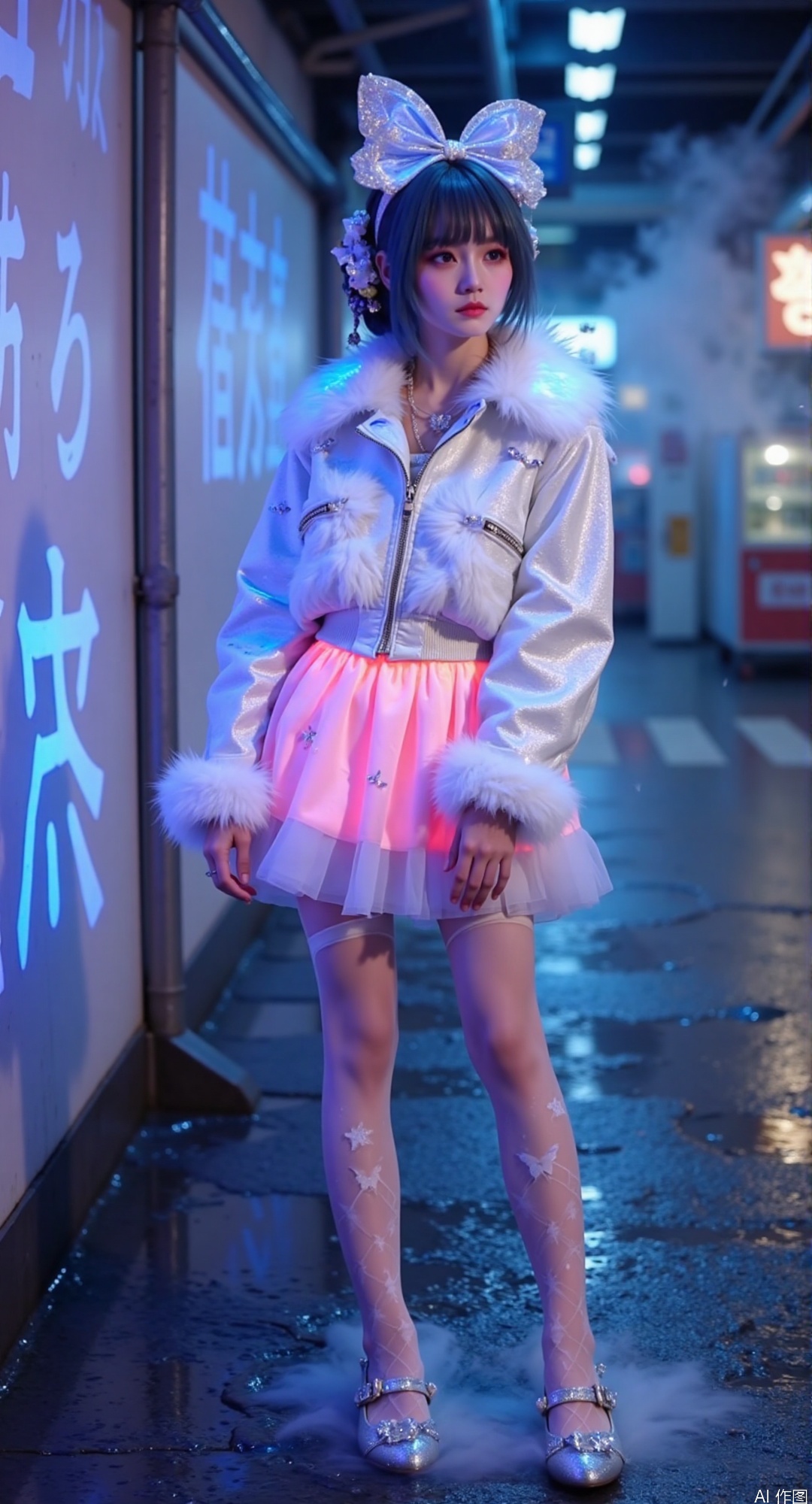 "Neon-drenched Tokyo street at night, model in cyberpunk white LED-lined jacket × electric pink gradient skirt, ultraviolet star patterns on stockings, holographic butterflies, chrome heels splashed with neon blue rainwater puddles, billowing steam from subway vents, glowing kanji projections in background"
