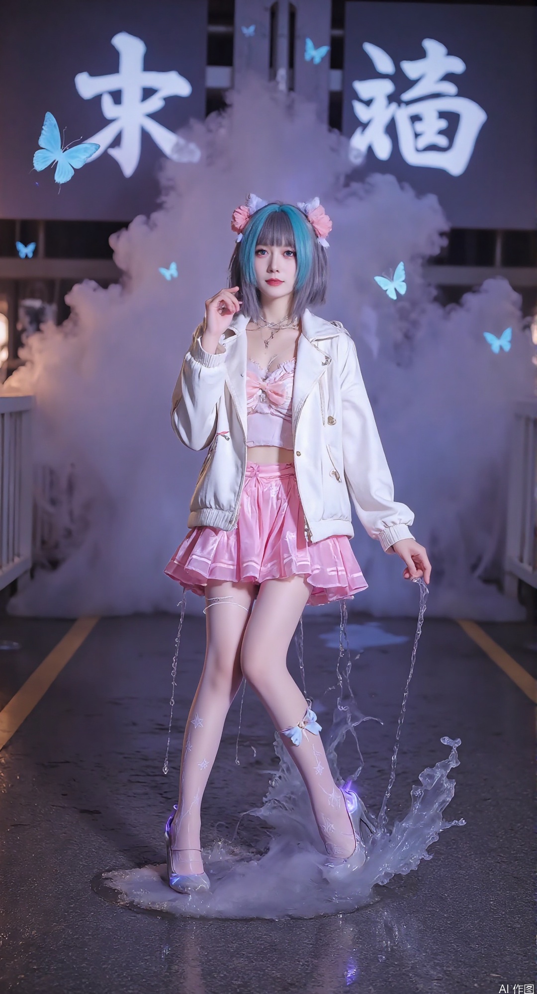 "Neon-drenched Tokyo street at night, model in cyberpunk white LED-lined jacket × electric pink gradient skirt, ultraviolet star patterns on stockings, holographic butterflies, chrome heels splashed with neon blue rainwater puddles, billowing steam from subway vents, glowing kanji projections in background"
