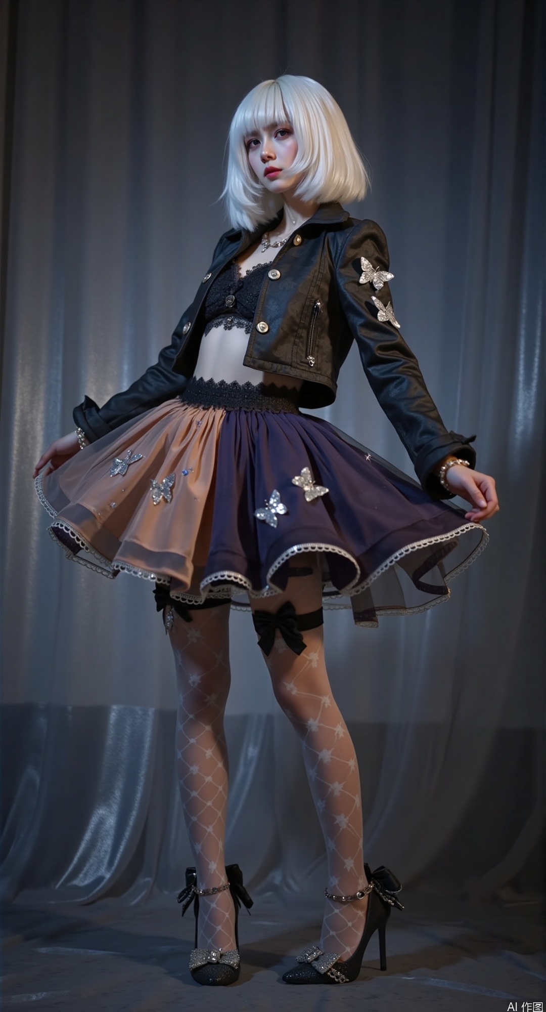 Full body shot from dramatic low-angle perspective, platinum blonde bob hairstyle model wearing [服装颜色] cropped jacket + gradient [裙色] chiffon skirt with embossed floral motifs, sheer lace-top stockings with translucent star constellations & white butterflies, Victorian black lace garters, mirrored stiletto heels with Swarovski bows, [场景描述], hyper-detailed fabric textures, cinematic prismatic lighting, Octane Render 8k, Vogue editorial style"