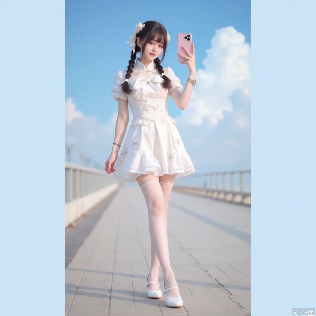 1girl, solo, long hair, black hair, dress, ribbon, holding, twintails, full body, braid, short sleeves, outdoors, sky, day, cloud, white dress, high heels, twin braids, blue sky, chinese clothes, phone, white footwear, crossed legs, cellphone, china dress, smartphone, holding phone, selfie, photo background, photo inset