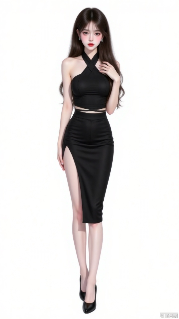 1girl, solo, long hair, breasts, looking at viewer, simple background, brown hair, white background, dress, bare shoulders, brown eyes, standing, full body, sleeveless, black footwear, black dress, high heels, hand on hip, bare arms, thigh strap, sleeveless dress, halterneck, lipstick, side slit, red lips,8K