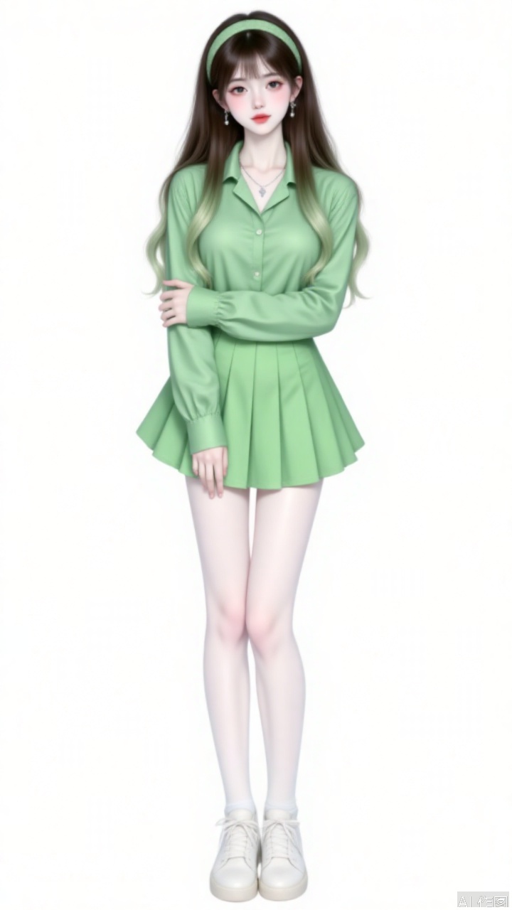 1girl, solo, long hair, breasts, looking at viewer, skirt, simple background, brown hair, shirt, long sleeves, white background, jewelry, standing, collarbone, full body, pantyhose, multicolored hair, pleated skirt, hairband, earrings, green hair, shoes, necklace, gradient hair, white footwear, green skirt, white pantyhose, green shirt