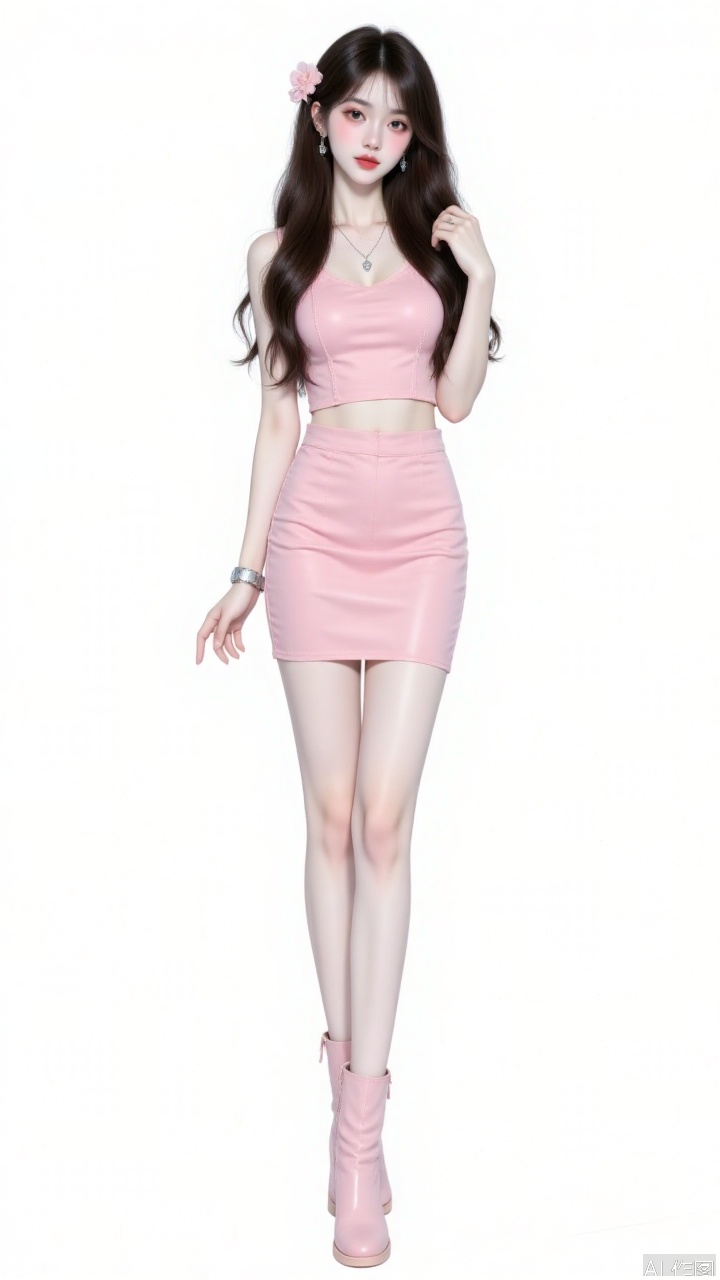 1girl, solo, long hair, breasts, looking at viewer, simple background, brown hair, hair ornament, white background, dress, jewelry, medium breasts, full body, flower, earrings, boots, hair flower, necklace, bracelet, wavy hair, short dress, knee boots, pink dress, pink footwear,8K,High-definition quality