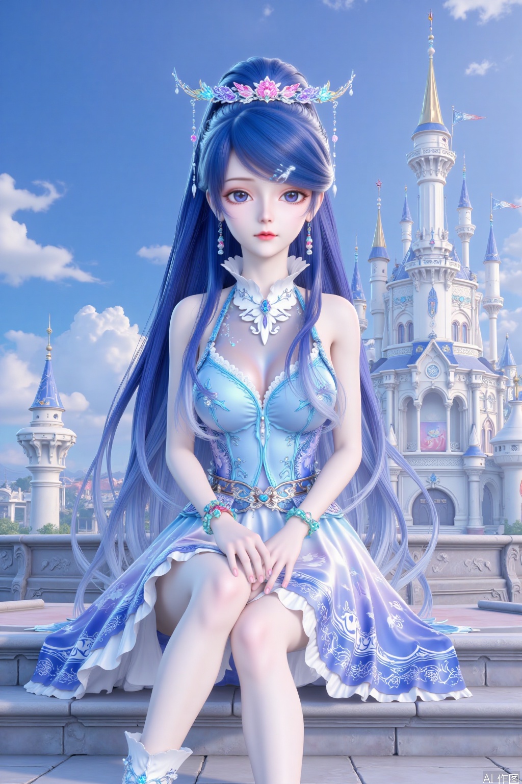 This painting depicts a fairy tale castle with exquisite design. The sky is clear and blue, and several clouds are scattered among it. A girl sitting on the steps of the castle added magic to the scenery. Full-body close-up, close-up of people. In the picture, the castle is magnificent, and there are many minarets, which radiate a beam of light from the inside, suggesting a warm and attractive environment. The whole scene exudes a charming sense of nostalgia, reminiscent of classic fairy tales. Excellent works, the best official art, extremely detailed CG unity 8k wallpaper, excellent works, the best and highest quality, exquisite CG, water droplets on hair, beautiful goddess, close-up, exquisite face, exquisite lips, exquisite eyes, exquisite nose, 1 girl, solo, long hair, watching the audience, blue eyes,  blue hair, hair accessories, dresses, bare shoulders, jewelry, earrings, shiny white dresses, shiny hair, headdress, crystal, sapphire hair clips, bracelets, bracelets, blue shoes.