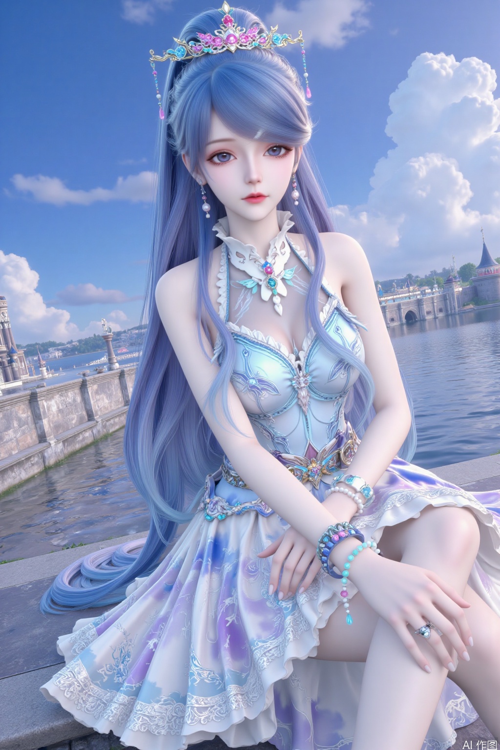This painting depicts a fairy tale castle with exquisite design. The sky is clear and blue, and several clouds are scattered among it. A girl sitting on the steps of the castle added magic to the scenery. Full-body close-up, close-up of people. In the picture, the castle is magnificent, and there are many minarets, which radiate a beam of light from the inside, suggesting a warm and attractive environment. The whole scene exudes a charming sense of nostalgia, reminiscent of classic fairy tales. Excellent works, the best official art, extremely detailed CG unity 8k wallpaper, excellent works, the best and highest quality, exquisite CG, water droplets on hair, beautiful goddess, close-up, exquisite face, exquisite lips, exquisite eyes, exquisite nose, 1 girl, Tiny breasts,solo, long hair, watching the audience, blue eyes,  blue hair, hair accessories, dresses, bare shoulders, jewelry, earrings, shiny white dresses, shiny hair, headdress, crystal, sapphire hair clips, bracelets, bracelets, blue shoes.