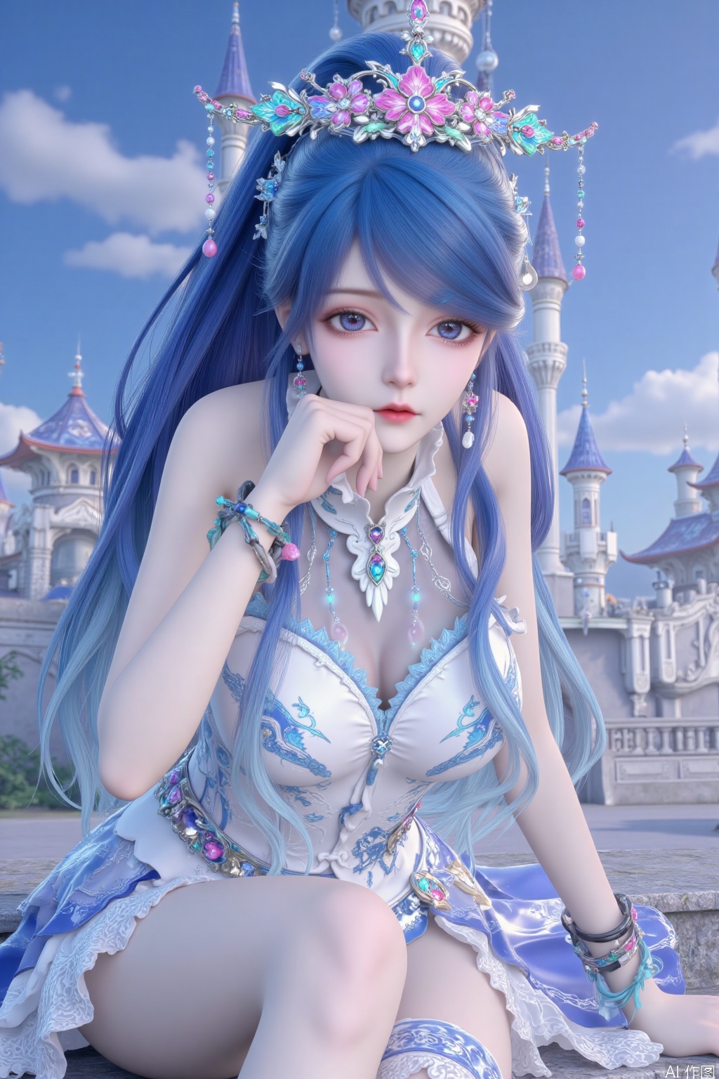 This painting depicts a fairy tale castle with exquisite design. The sky is clear and blue, and several clouds are scattered among it. A girl sitting on the steps of the castle added magic to the scenery. Full-body close-up, close-up of people. In the picture, the castle is magnificent, and there are many minarets, which radiate a beam of light from the inside, suggesting a warm and attractive environment. The whole scene exudes a charming sense of nostalgia, reminiscent of classic fairy tales. Excellent works, the best official art, extremely detailed CG unity 8k wallpaper, excellent works, the best and highest quality, exquisite CG, water droplets on hair, beautiful goddess, close-up, exquisite face, exquisite lips, exquisite eyes, exquisite nose, 1 girl, solo, long hair, watching the audience, blue eyes,  blue hair, hair accessories, dresses, bare shoulders, jewelry, earrings, shiny white dresses, shiny hair, headdress, crystal, sapphire hair clips, bracelets, bracelets, blue shoes.