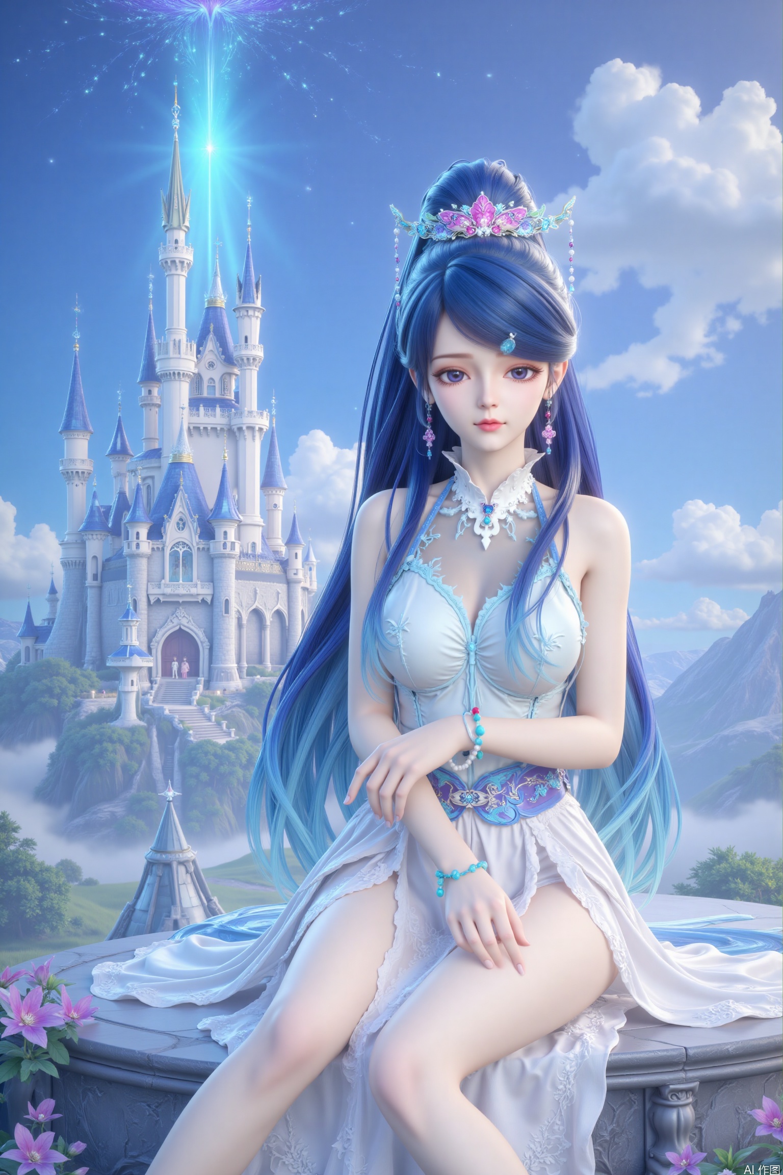 This painting depicts a fairy tale castle with exquisite design. The sky is clear and blue, and several clouds are scattered among it. A girl sitting on the steps of the castle added magic to the scenery. Full-body close-up, close-up of people. In the picture, the castle is magnificent, and there are many minarets, which radiate a beam of light from the inside, suggesting a warm and attractive environment. The whole scene exudes a charming sense of nostalgia, reminiscent of classic fairy tales. Excellent works, the best official art, extremely detailed CG unity 8k wallpaper, excellent works, the best and highest quality, exquisite CG, water droplets on hair, beautiful goddess, close-up, exquisite face, exquisite lips, exquisite eyes, exquisite nose, 1 girl, solo, long hair, watching the audience, blue eyes,  blue hair, hair accessories, dresses, bare shoulders, jewelry, earrings, shiny white dresses, shiny hair, headdress, crystal, sapphire hair clips, bracelets, bracelets, blue shoes.