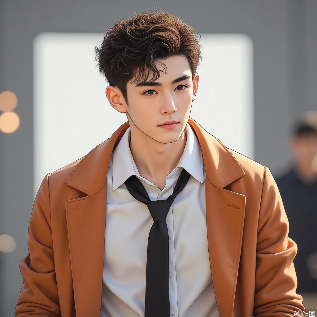 Walking alone, short hair, shirt, brunette, 1 boy, orange jacket, white shirt, upper body, male focus, lips separate, clothes open, tie, neckline shirt, artist name, indoor, blur, lips, window, blur background, formal, suit, messy hair, black tie, sense of reality, tie untied
