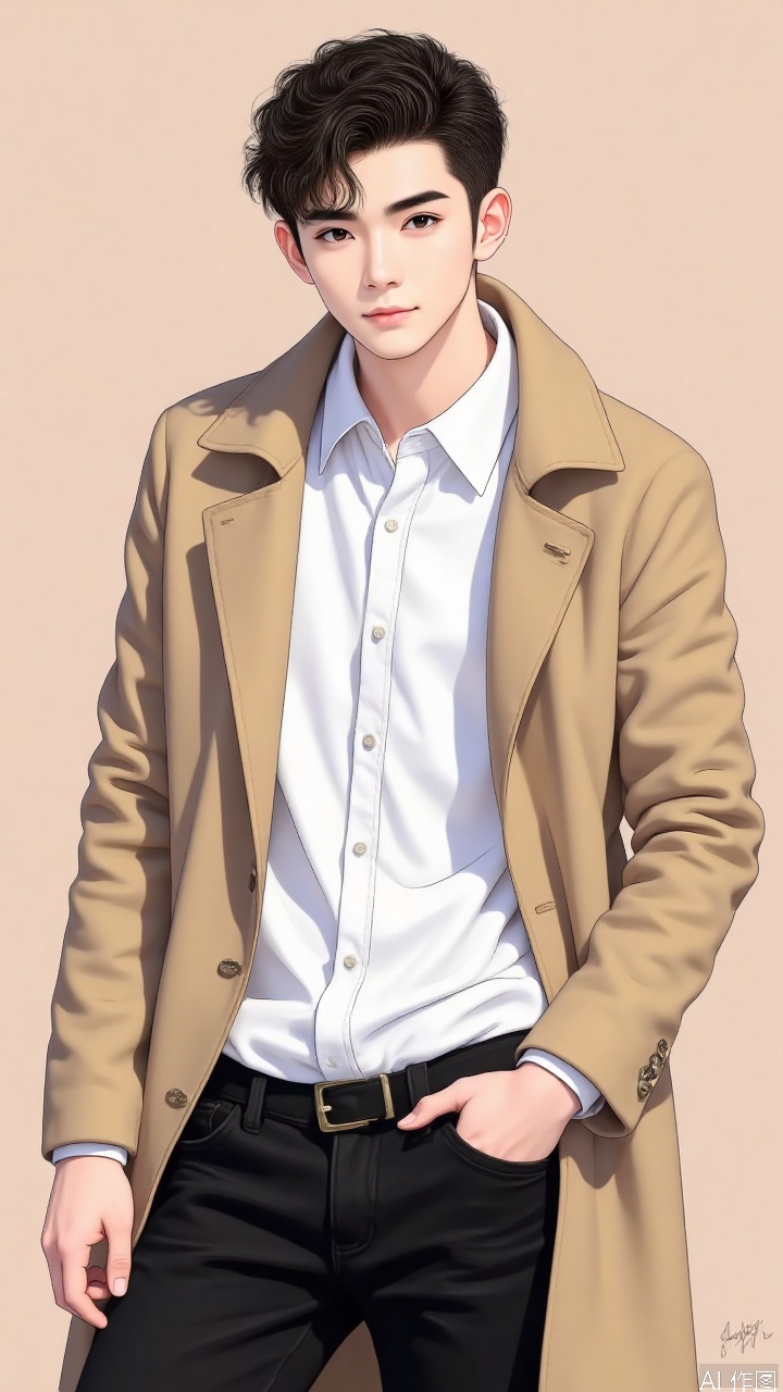  solo, looking at viewer, smile, short hair, simple background, shirt, black hair, long sleeves, 1boy, white shirt, upper body, male focus, cowboy shot, pants, artist name, black eyes, coat, black pants, brown background, hand in pocket, brown coat, tan background