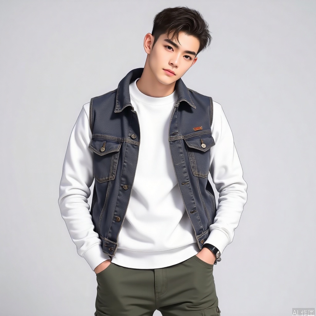 A Chinese man wearing a white sweatshirt, denim vest, military green work pants, super cool pot cover hairstyle, cool expression