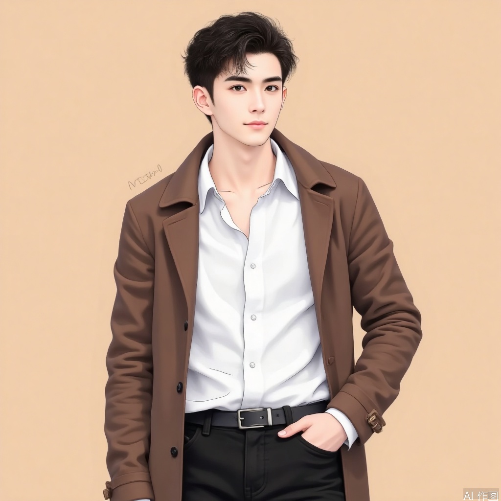  solo, looking at viewer, smile, short hair, simple background, shirt, black hair, long sleeves, 1boy, white shirt, upper body, male focus, cowboy shot, pants, artist name, black eyes, coat, black pants, brown background, hand in pocket, brown coat, tan background