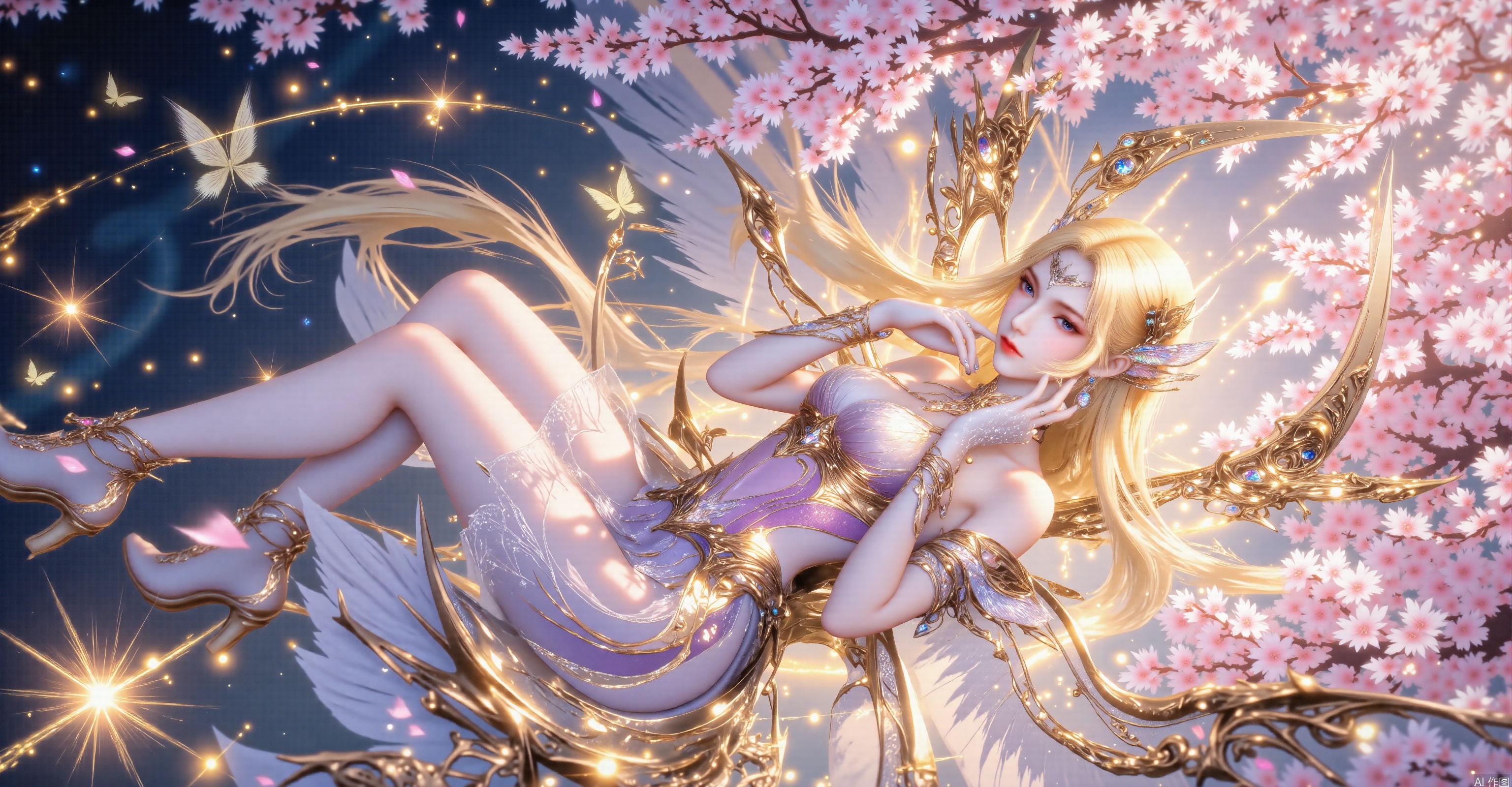 Ancient - style, close - up, exquisite, 32K image quality, Xianxia (immortal - chivalry) style. Long yellow hair, delicate facial features, wearing classical clothing embroidered with gold and silver threads. Embellished with gems that emit golden light. Long legs. The background is a cherry blossom tree. The girl has a pair of six - wings on her back. She wears white lace gloves, golden boots, and white silk stockings. It is a night scene with shooting stars shining brightly and starlight twinkling. Butterfly elements are integrated. In a floating and lying - down posture, with legs bent, one hand touching the cheek and the other hand placed on the abdomen. Soft lighting, dreamy atmosphere, high resolution, rich in details, and with a beautiful artistic conception. Petals are falling, the skin is smooth, and the strands of hair are flowing gracefully.