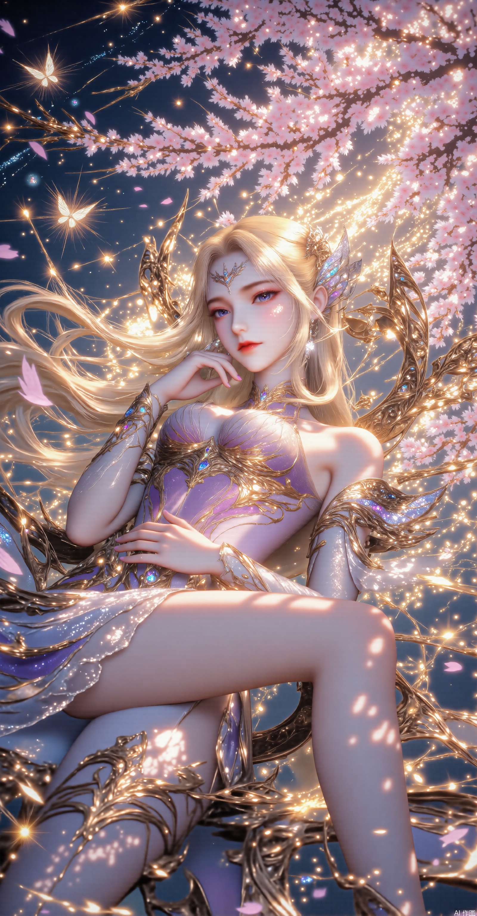Ancient - style, close - up, exquisite, 32K image quality, immortal - chivalry style. With long yellow hair, delicate facial features, wearing classical clothing embroidered with gold and silver threads. Embellished with gems that emit golden light. Long legs. The background features a cherry blossom tree. It is a night scene with shooting stars shining and starlight blooming. Butterfly elements are integrated. In a floating and lying - down posture, with legs bent, one hand touching the cheek and the other hand placed on the abdomen. Soft lighting, a dreamy atmosphere, high resolution, rich in details, with a beautiful artistic conception. Petals are falling, the skin is smooth, and the hair strands are flowing gracefully.