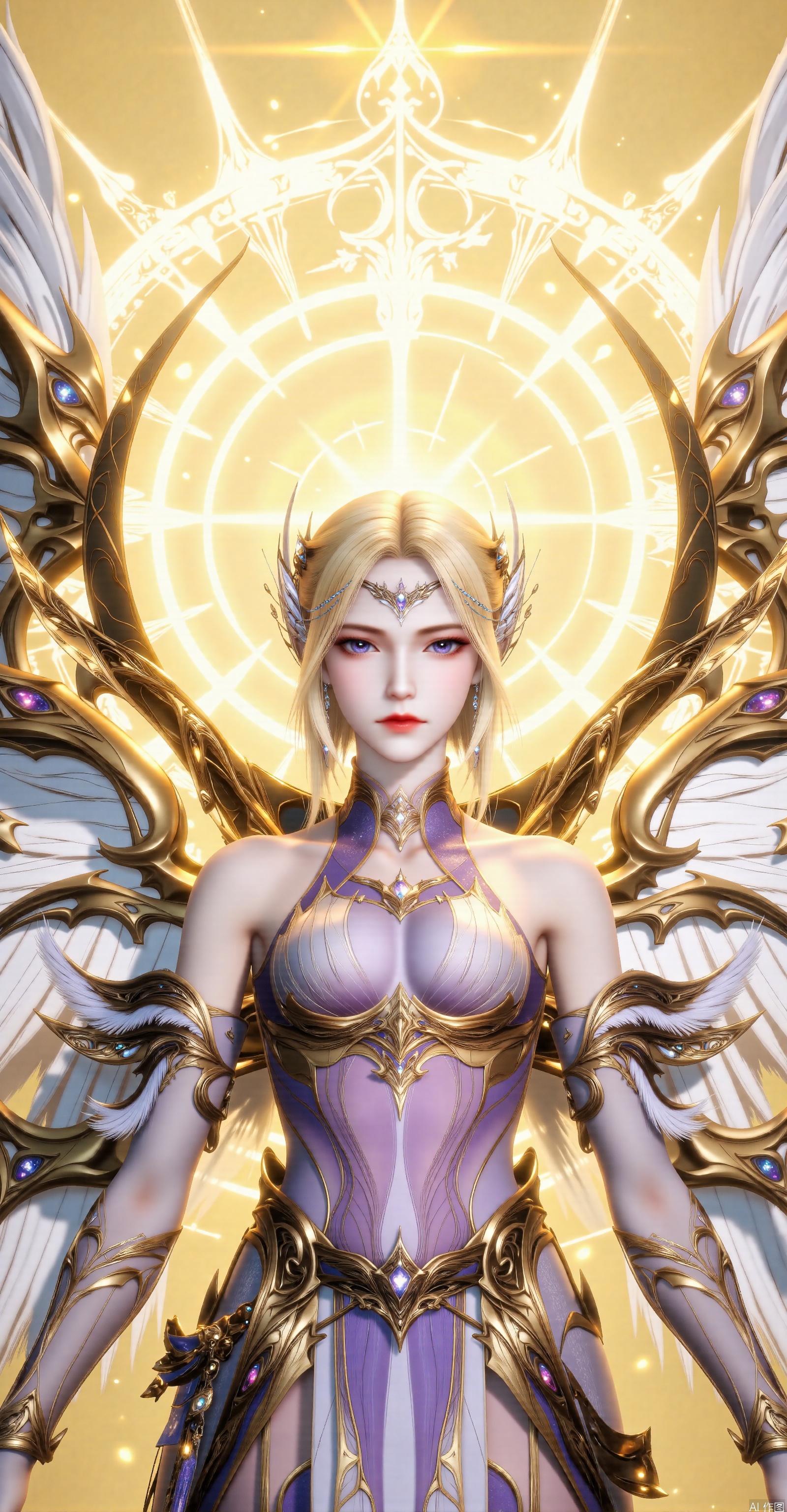 Main Character
 
1. Appearance
 
- Hairstyle: Short, shoulder - length golden hair with smooth and shiny strands.
 
- Facial Features: Delicate eyebrows and eyes, deep - set eyes, a beautiful lip shape, and a bright and vivid lip color.
 
- Facial Contours: Soft - contoured face, fair and delicate skin with a natural glow.
 
- Accessories: Wears an exquisite silver headdress with sharp - shaped elements and metal chain decorations; around the neck is a magnificent collar in gold and purple with intricate patterns and pendants.
 
2. Figure
 
Tall stature, elegant posture, and graceful curves.
 
3. Clothing
 
- Style: Strapless form - fitting battle armor that accentuates the figure's curves.
 
- Colors: Mainly purple, complemented by gold accents.
 
- Material and Details: The surface of the battle armor has a texture similar to scales or fabric. The gold parts have a metallic texture with intricate carvings. There are huge golden wing - like decorations on the shoulders with elaborate patterns. The arms are adorned with black, gold, and purple - matched arm guards that have feather - like decorative elements.
 
Background
 
1. Color Tone
 
The dominant color is golden - yellow, creating a sacred and glorious atmosphere.
 
2. Elements
 
A huge circular halo with golden radiance, large white feath