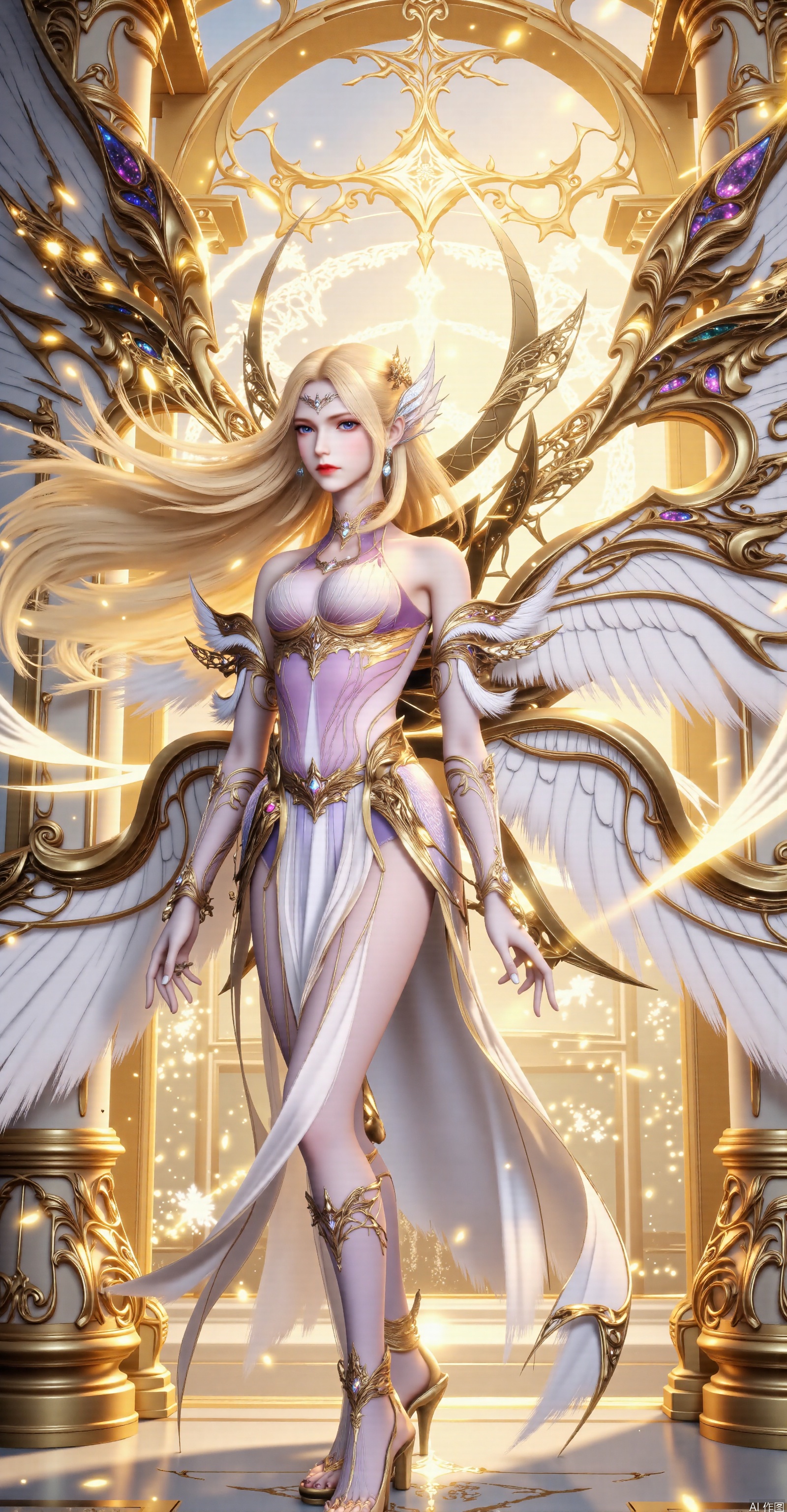 Character Features
 
1. Appearance
 
- Hairstyle: Flowing long golden hair, with smooth and shiny strands, showing natural and dynamic waves.
 
- Facial Features: Exquisitely three - dimensional features, slender willow - shaped eyebrows, bright and deep blue eyes, a straight and tall nose, full - shaped lips in light pink.
 
- Facial Contours:瓜子- shaped face with soft and smooth lines, skin as white as porcelain, with a delicate glow and smooth, flawless texture.
 
- Accessories: Wears a delicate and small silver angel halo hair accessory, has exquisite golden earrings, and a simple thin golden chain around the neck with a purple gemstone pendant.
 
2. Figure
 
Tall and slender, with a light and elegant posture, a slender waist, straight and long leg lines, and a perfect proportion.
 
3. Clothing
 
- Style: Strapless tight - fitting short top paired with a high - slit white long skirt, and the skirt hem is in the shape of light ribbons.
 
- Colors: Mainly light purple and white, supplemented by a large amount of golden decoration.
 
- Material and Details: The top material is like silk or soft armor with a shimmer, and there are exquisite golden pattern embroideries on the surface. There are gorgeous golden metal decorations on the shoulders, arms, waist, skirt edges, and feet, with complex hollow - out patterns. There are large, spread - out white feathered wings on the back. The edges of the feathers are outlined in gold, and the roots are connected by golden metal parts.
 
Background Environment
 
1. Scene
 
Inside a magnificent European - style palace - style building, with golden - carved columns, arches, and complex hollow - out decorations.
 
2. Color Tone
 
The dominant colors are gold and white, creating a sacred, glorious, and dreamy atmosphere.
 
3. Lighting
 
The light is bright and soft, with golden light and particle effects floating and flickering in the air, adding a sense of divinity and dreaminess.