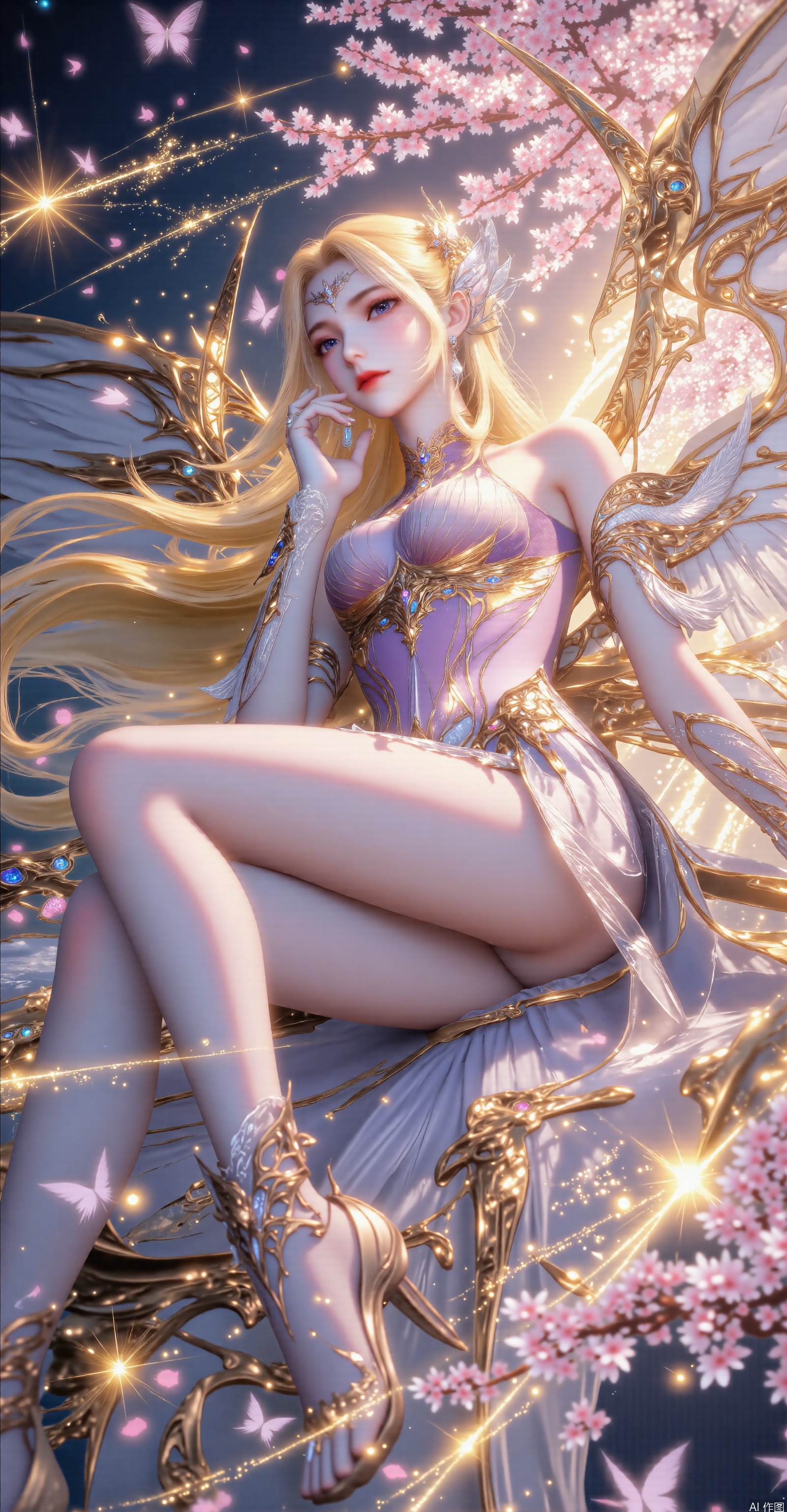 Ancient - style, close - up, exquisite, 32K image quality, Xianxia (immortal - chivalry) style. Long yellow hair, delicate facial features, wearing classical clothing embroidered with gold and silver threads. Embellished with gems that emit golden light. Long legs. The background is a cherry blossom tree. The girl has a pair of six - wings on her back. She wears white lace gloves, golden boots, and white silk stockings. It is a night scene with shooting stars shining brightly and starlight twinkling. Butterfly elements are integrated. In a floating and lying - down posture, with legs bent, one hand touching the cheek and the other hand placed on the abdomen. Soft lighting, dreamy atmosphere, high resolution, rich in details, and with a beautiful artistic conception. Petals are falling, the skin is smooth, and the strands of hair are flowing gracefully.