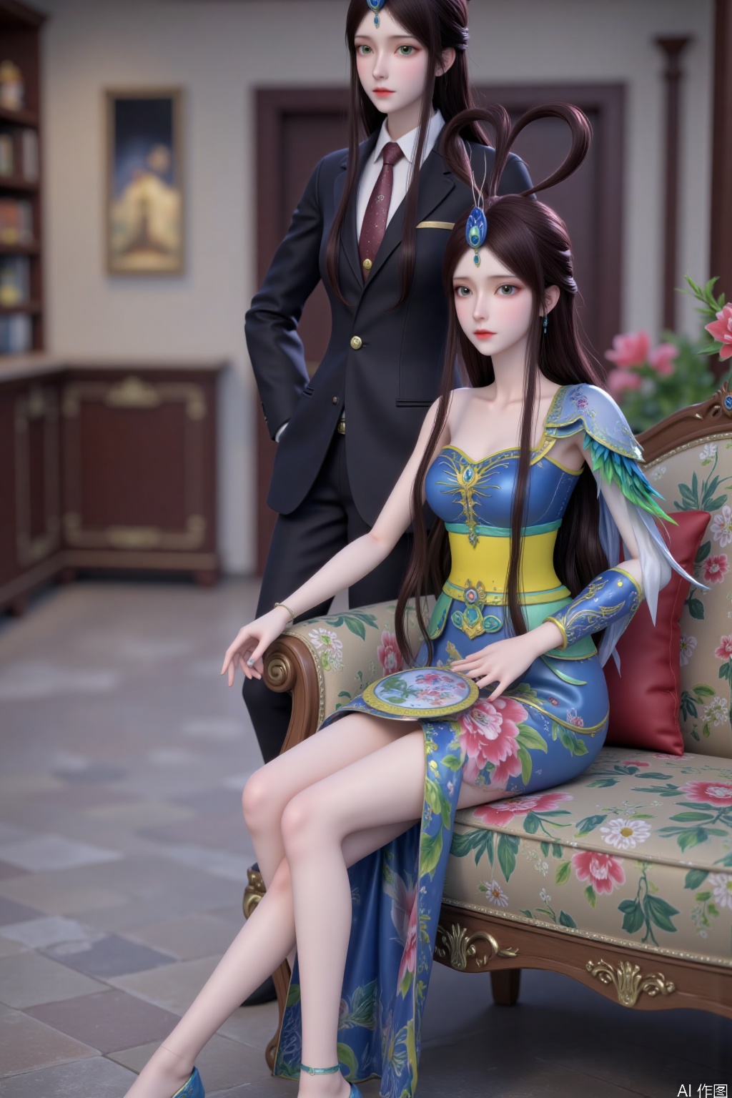 1 girl, solo, long hair, watching audience, dress, brown hair, hair accessories, sitting posture, whole body, flowers, short sleeves, indoors, pillow, flower sofa, red lips, lobby. Tall man. Slender legs. Perfect figure proportion, 1 girl, solo, long hair, brown hair, black hair, hair accessories, dress, green eyes, upper body, belt, blue dress, hair band, forehead jewelry, high heels.