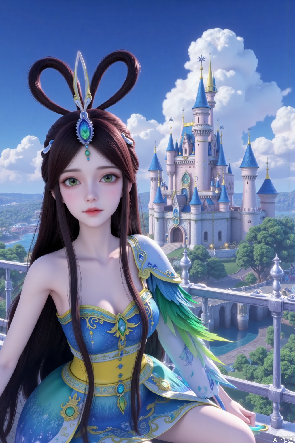 This painting depicts a fairy tale castle with exquisite design. The sky is clear and blue, and several clouds are scattered among it. A girl sitting on the steps of the castle added magic to the scenery. Full-body close-up, close-up of people. In the picture, the castle is magnificent, and there are many minarets, which radiate a beam of light from the inside, suggesting a warm and attractive environment. The whole scene exudes a charming sense of nostalgia, reminiscent of classic fairy tales. Excellent works, the best official art, extremely detailed CG unity 8k wallpaper, excellent works, the best and highest quality, exquisite CG, water droplets on hair, beautiful goddess, close-up, exquisite face, exquisite lips, exquisite eyes, exquisite nose, 1 girl, solo, long hair, brown hair, black hair, hair accessories, dress, green eyes, upper body, belt, blue dress, hair band, forehead jewel, high heels.