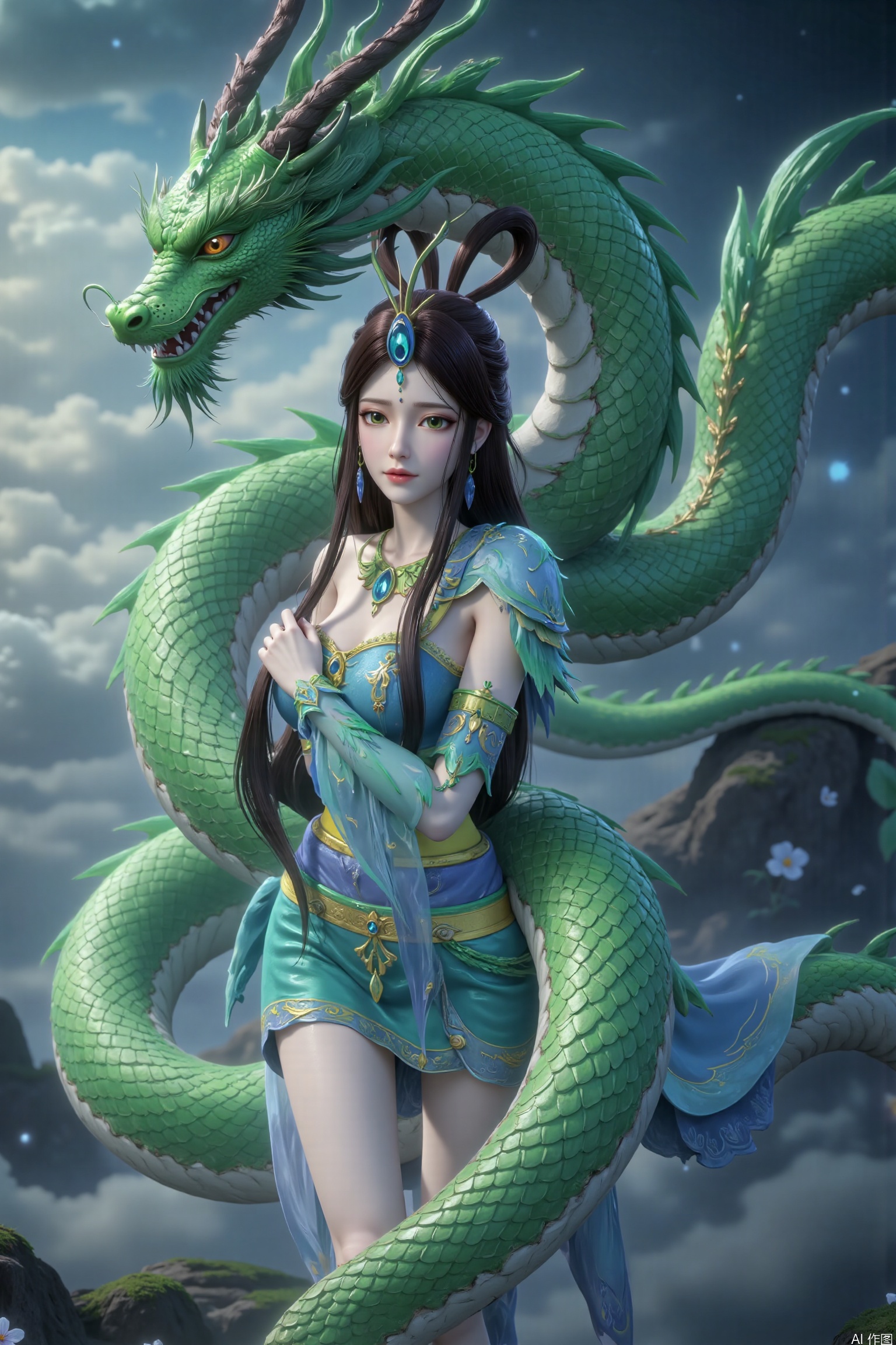 Realistic photos show a woman dressed in green and dragons, which embodies a dreamy surrealism and creates a mysterious and ethereal atmosphere. The colors are vivid and vivid. The dragon coiled gracefully around her, while the woman wore green clothes decorated with gold thread. Elegant fabrics and complex patterns on her clothes add elegance. Her expression is calm and confident, and she poses a dynamic posture when interacting with the dragon naturally. The background can be a magical forest or foggy sea of clouds, soft and bright ambient light, and the glittering scales on the dragon. The use of shadows and highlights is subtle. Flowers and natural elements blend into the scene. Her hair and clothes have a gentle breeze effect, and mysterious dust or particles are shining in the air. The overall atmosphere is fantastic and charming, and the description of the face, hands and feet is meticulous and elegant. Close-up of upper body, highest quality, exquisite CG, water droplets on hair, beautiful goddess, close-up, exquisite face, exquisite lips, exquisite eyes, exquisite nose, 1 girl, solo, long hair, brown hair, black hair, hair accessories, dress, green eyes,  upper body, belt, blue dress, hair band, forehead jewel, high heels.